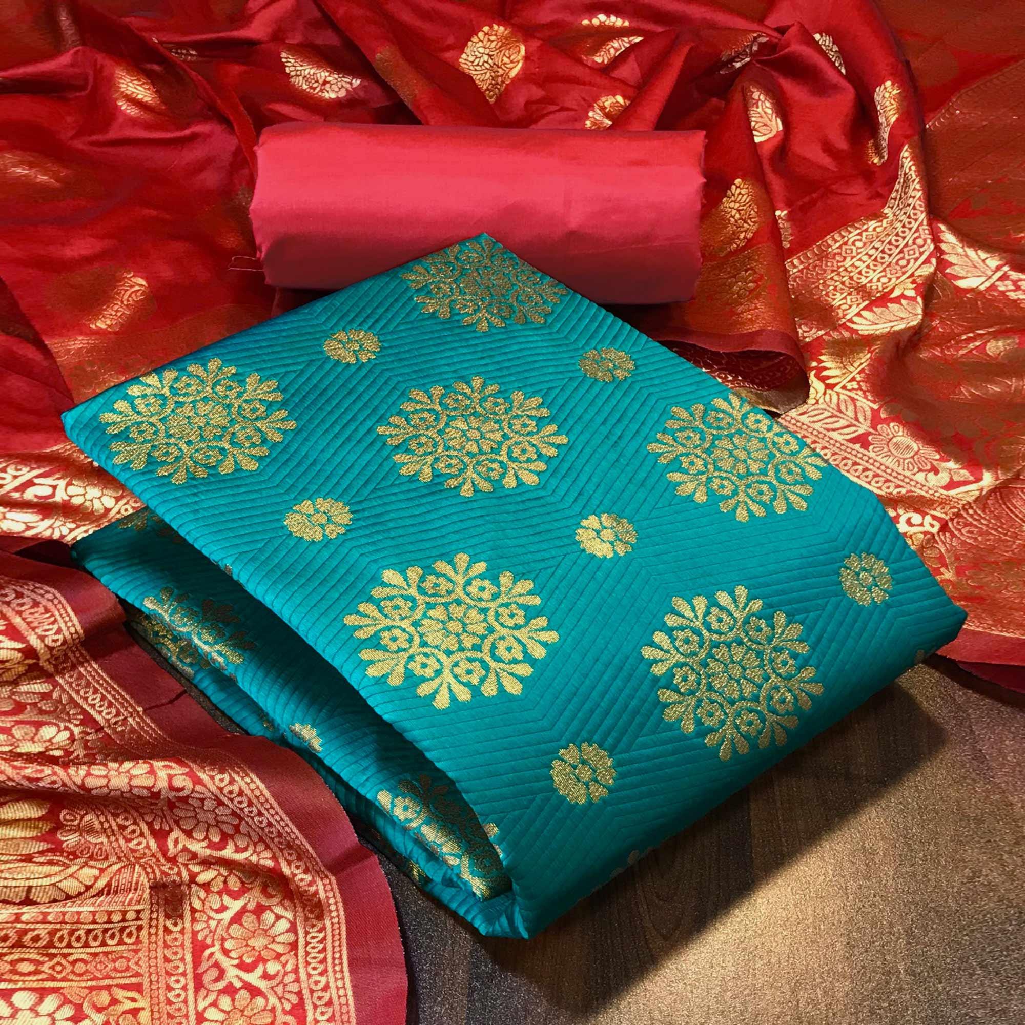Turquoise Woven Banarasi Silk Dress Material - Peachmode