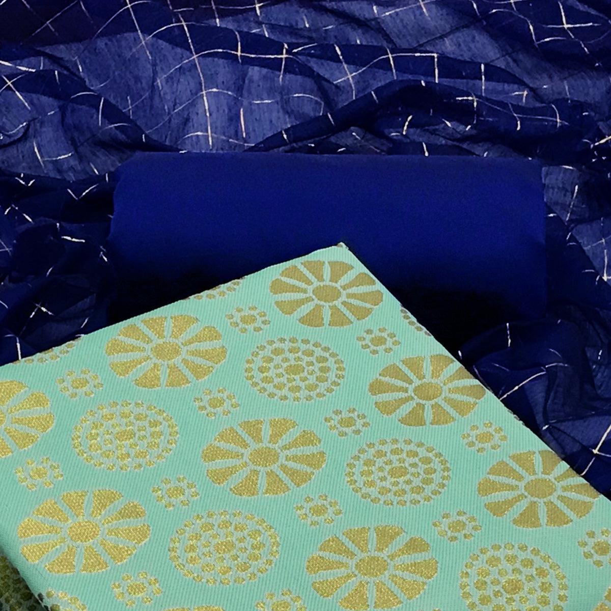 Turquoise Woven Banarasi Silk Dress Material - Peachmode