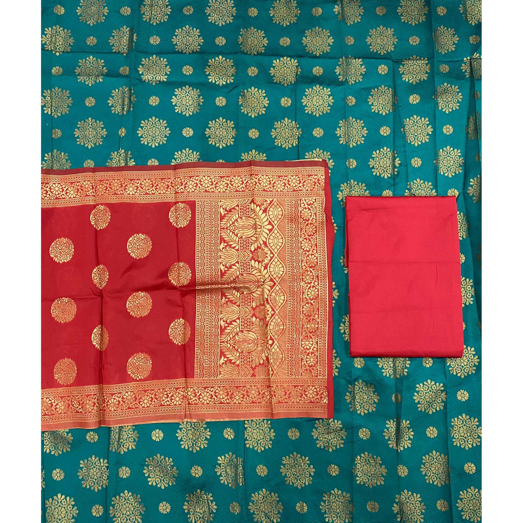 Turquoise Woven Banarasi Silk Dress Material - Peachmode