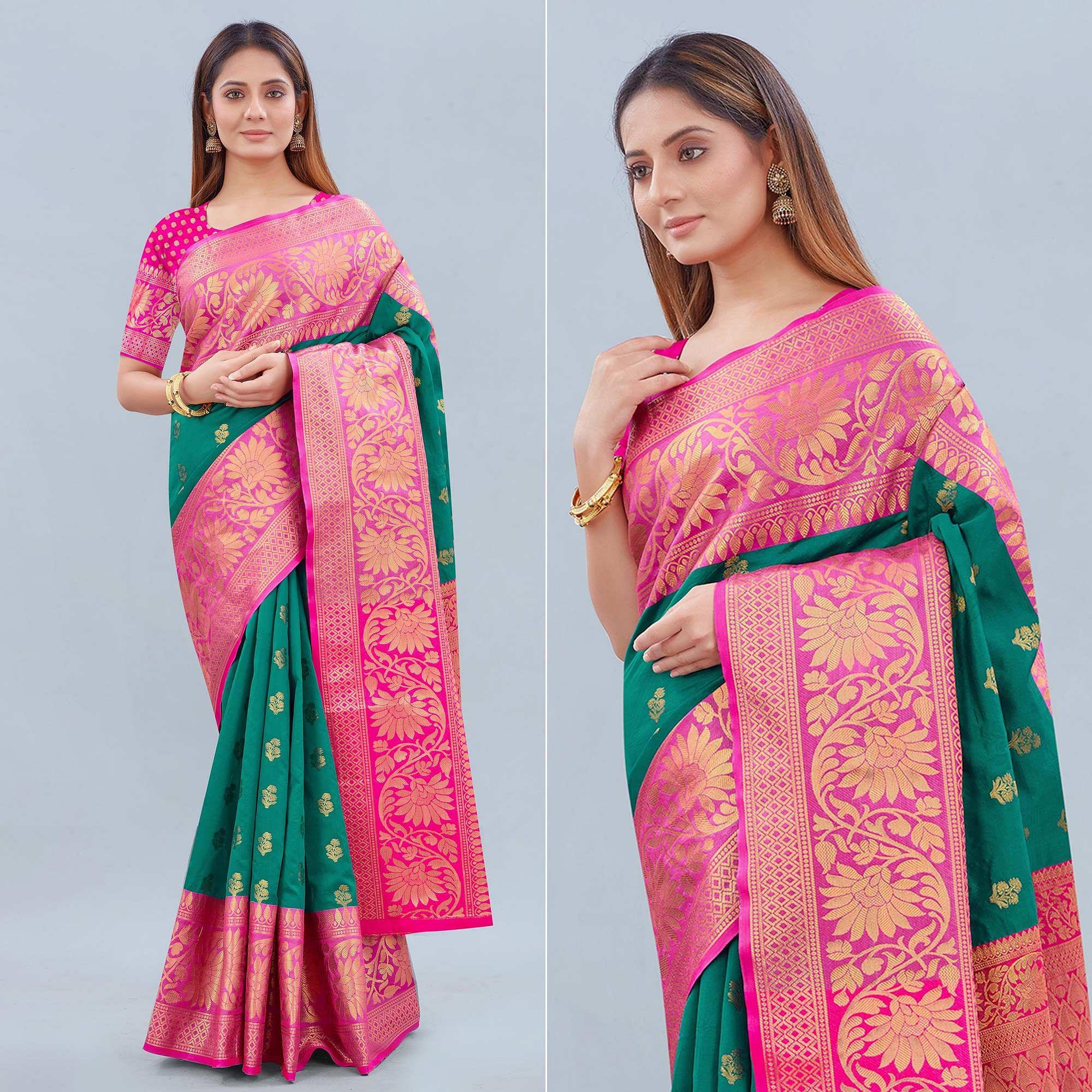 Turquoise Woven Banarasi Silk Saree - Peachmode