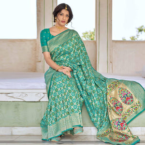 Turquoise Woven Banarasi Silk Saree - Peachmode