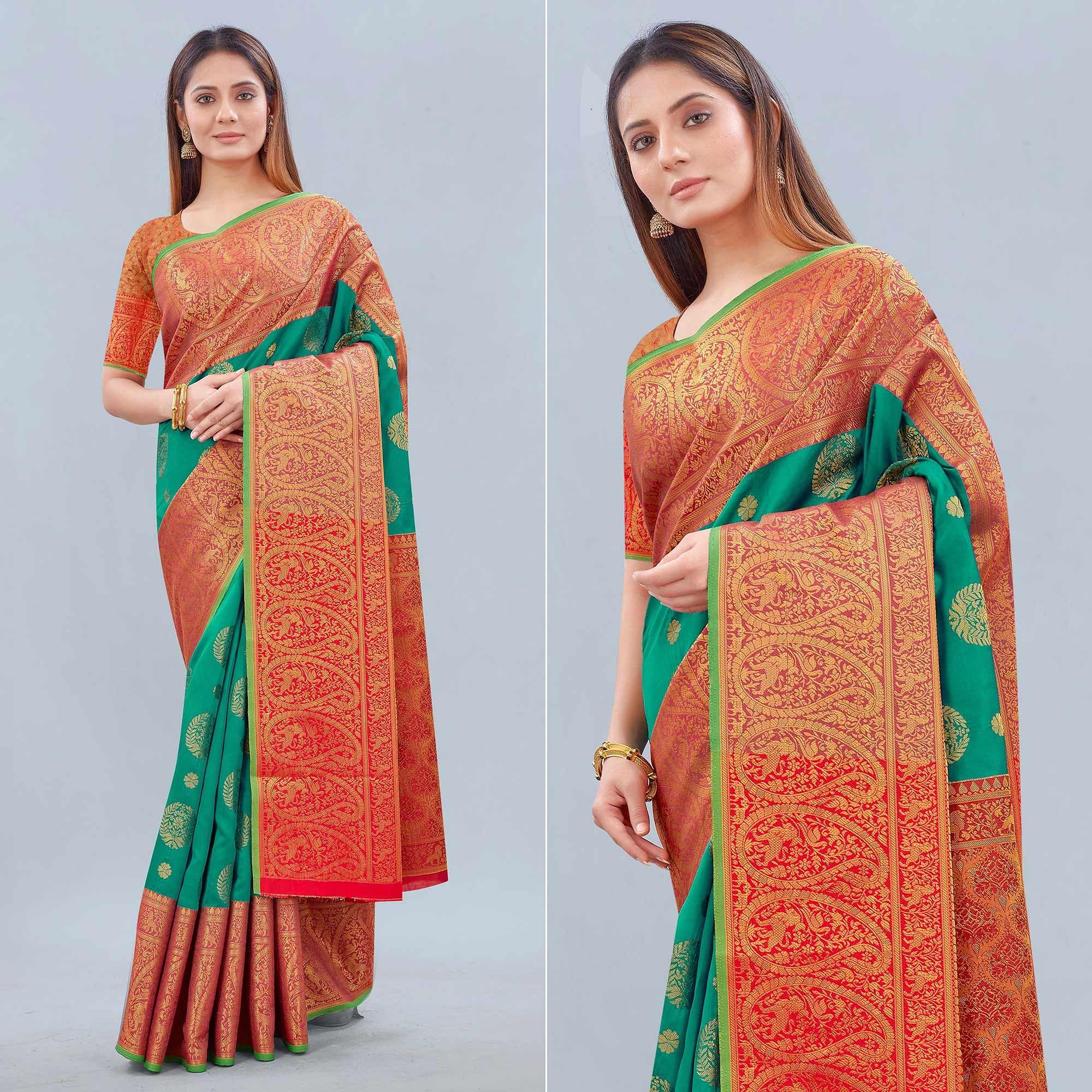 Turquoise Woven Banarasi Silk Saree - Peachmode