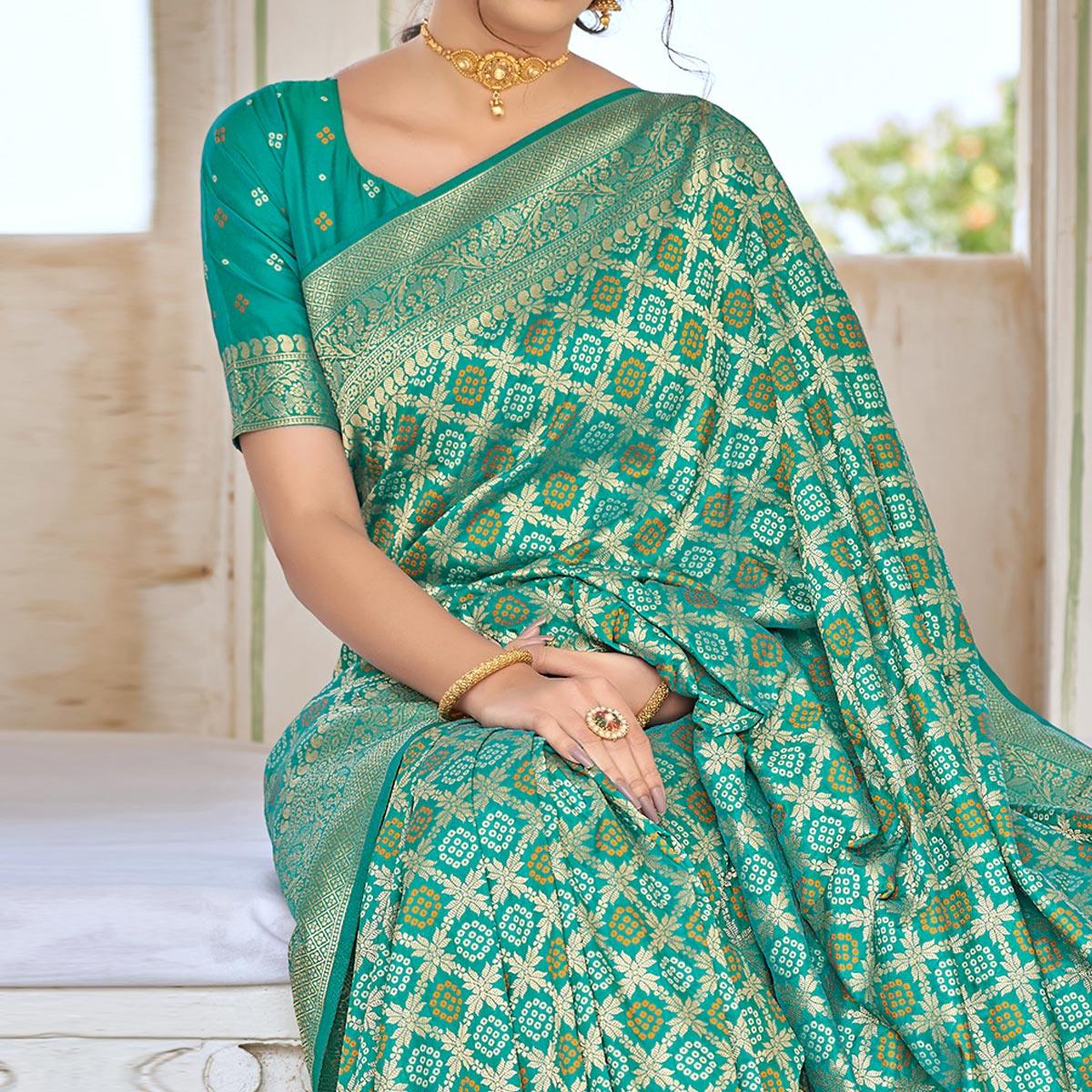 Turquoise Woven Banarasi Silk Saree - Peachmode