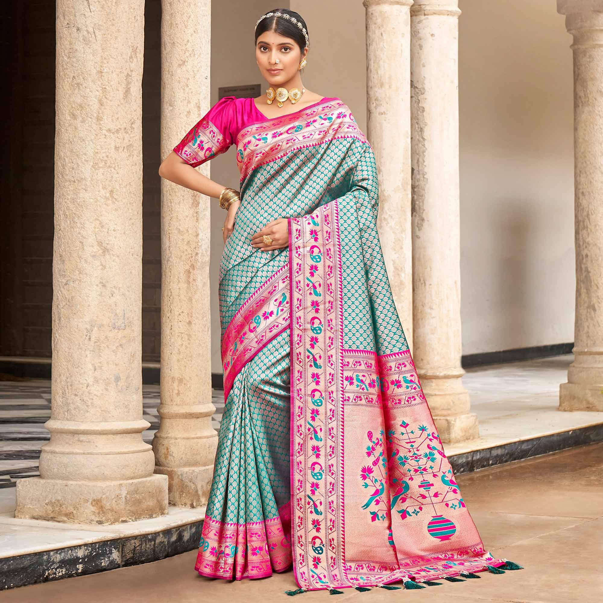Turquoise Woven Banarasi Silk Saree - Peachmode