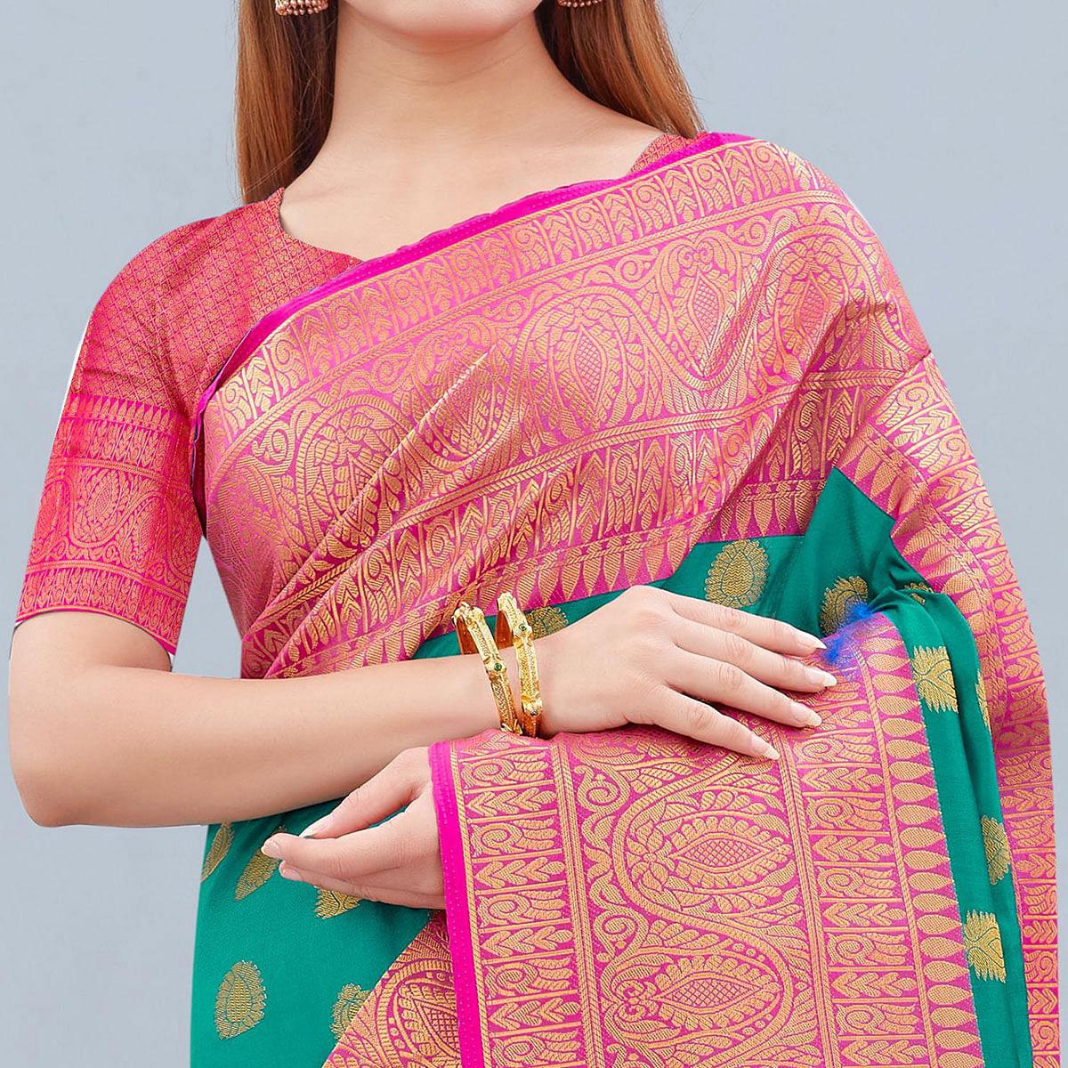 Turquoise Woven Banarasi Silk Saree - Peachmode