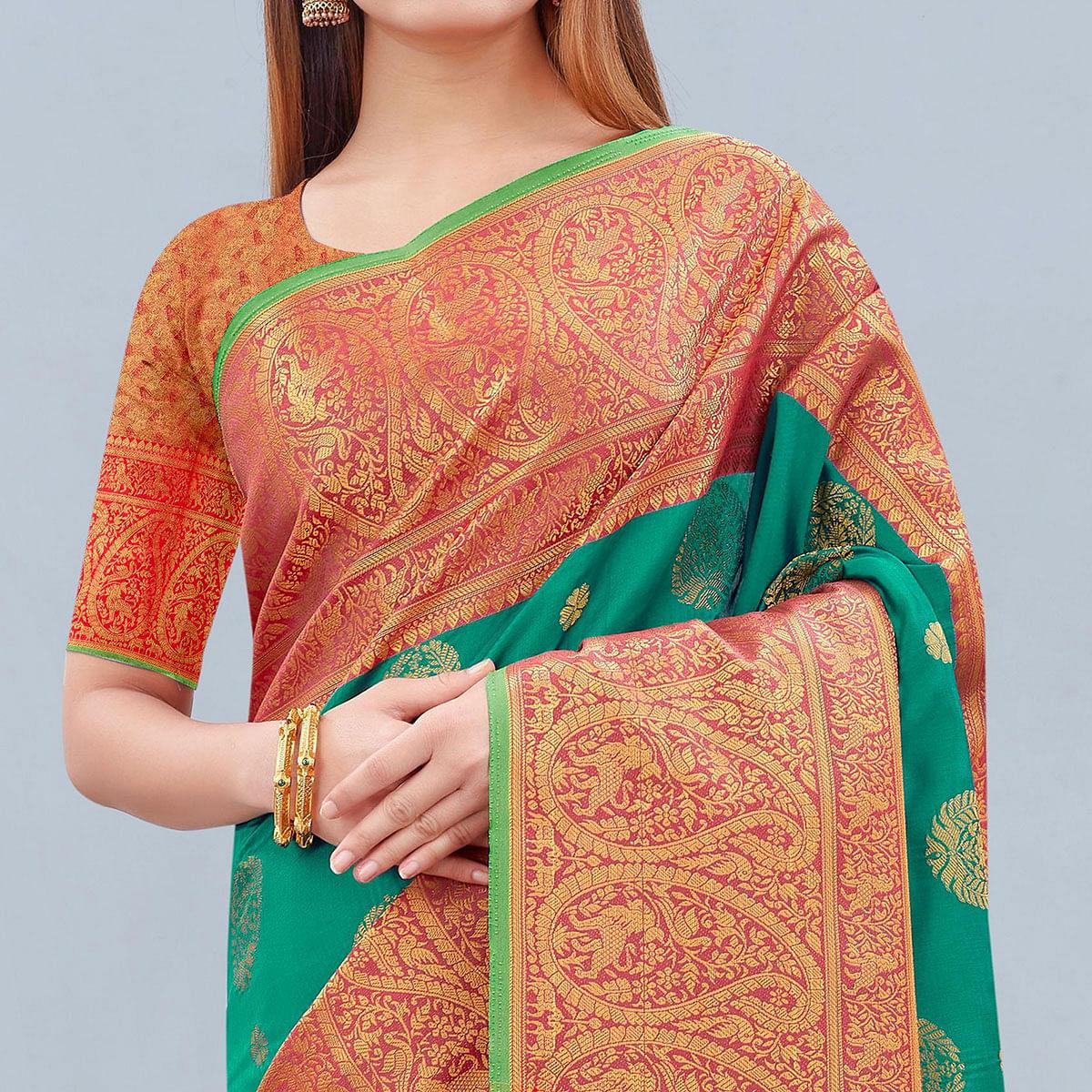 Turquoise Woven Banarasi Silk Saree - Peachmode
