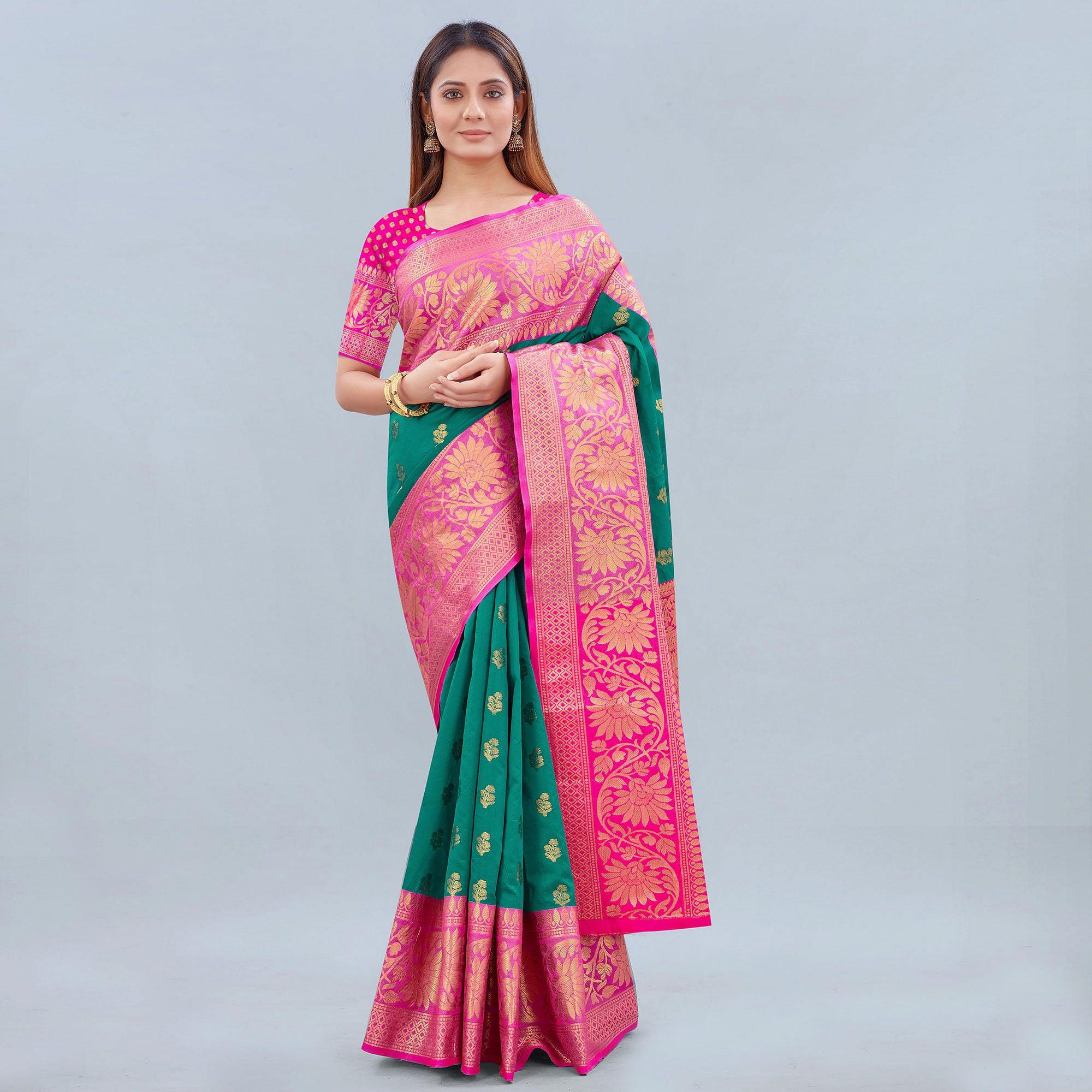 Turquoise Woven Banarasi Silk Saree - Peachmode