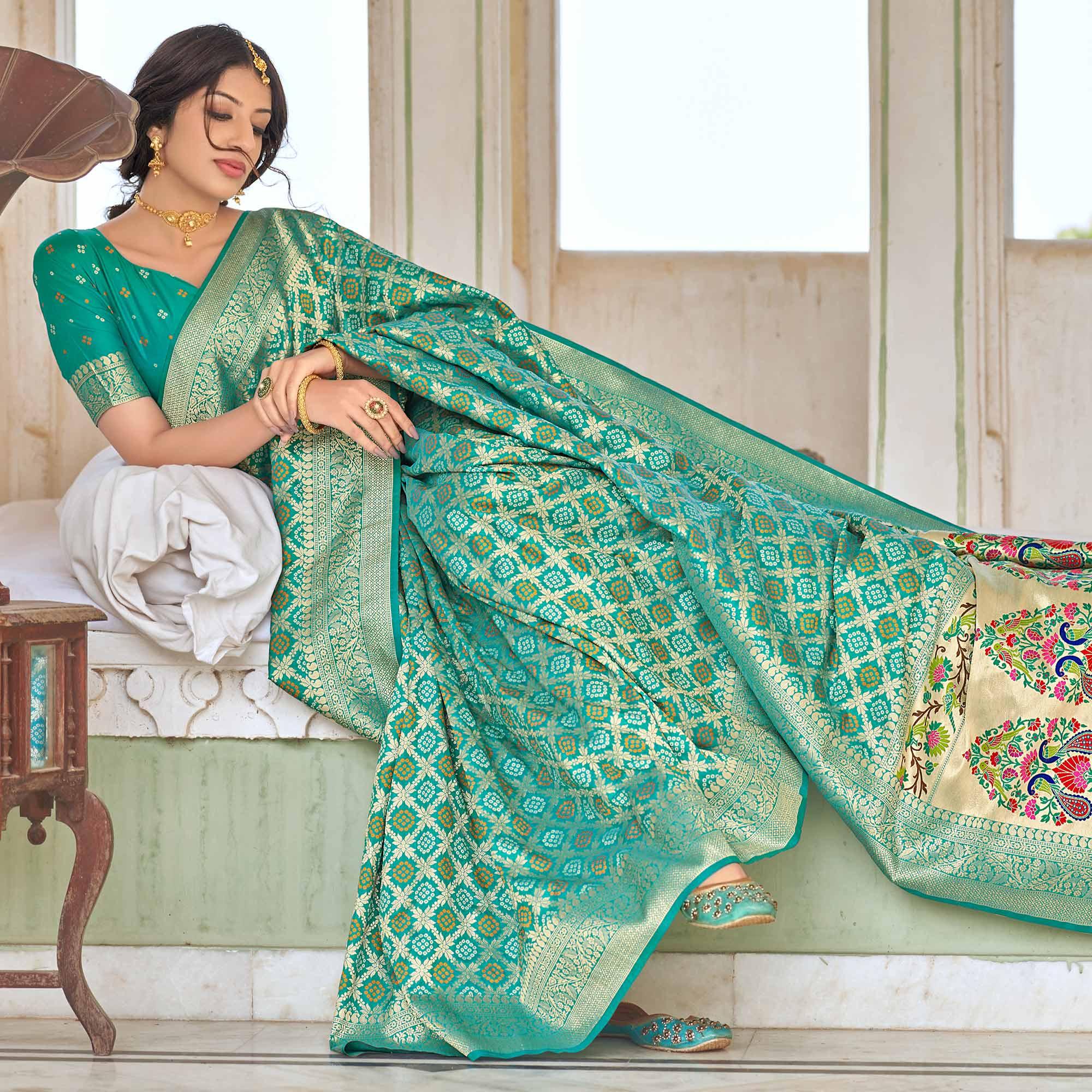 Turquoise Woven Banarasi Silk Saree - Peachmode