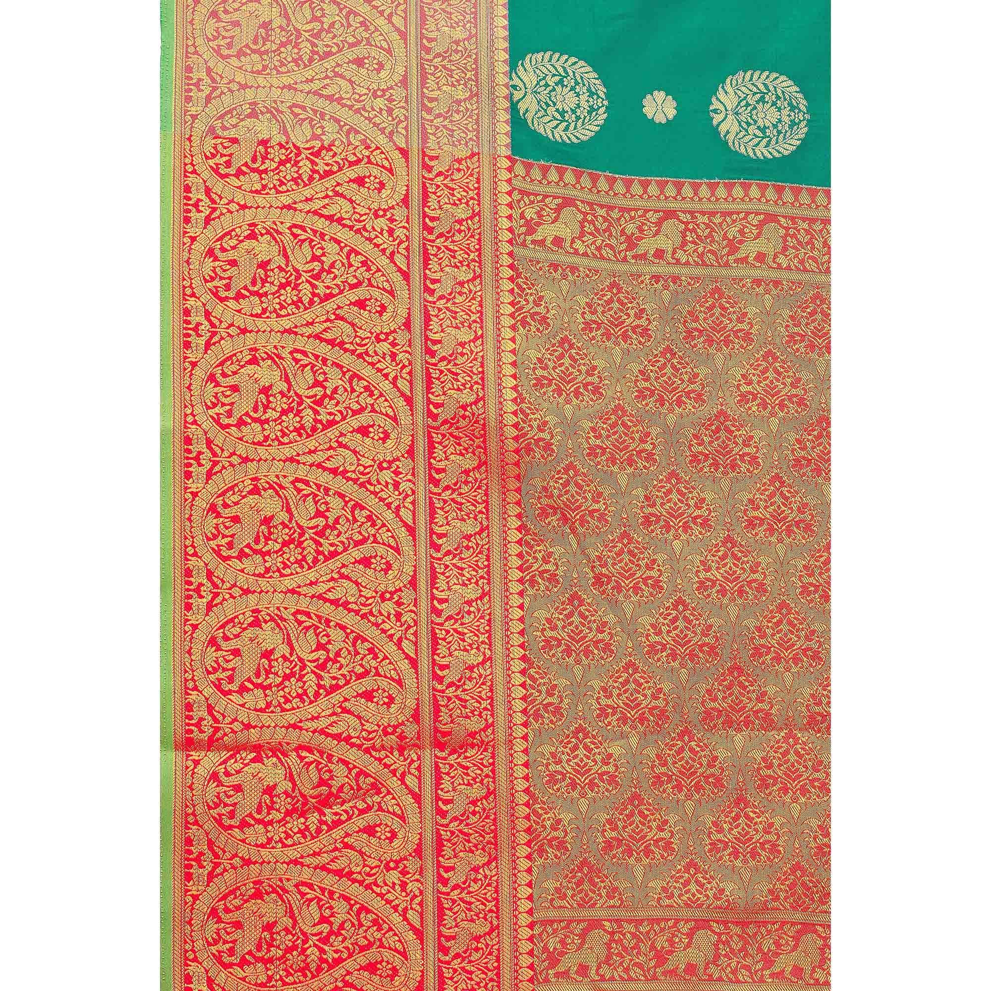 Turquoise Woven Banarasi Silk Saree - Peachmode