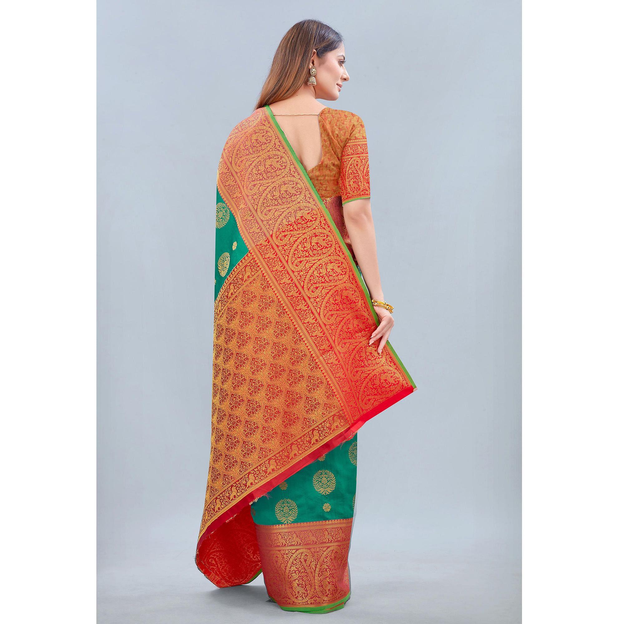 Turquoise Woven Banarasi Silk Saree - Peachmode