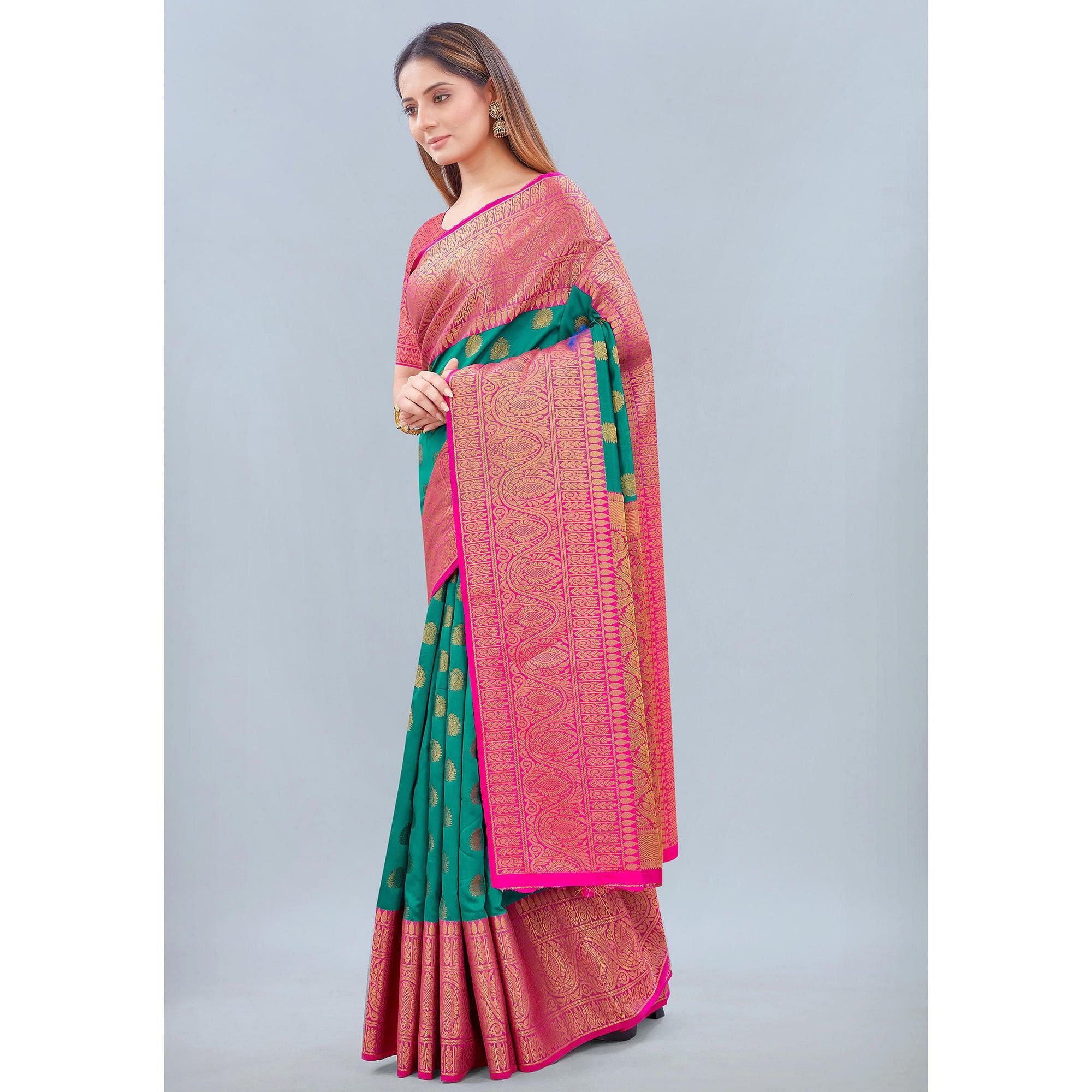 Turquoise Woven Banarasi Silk Saree - Peachmode