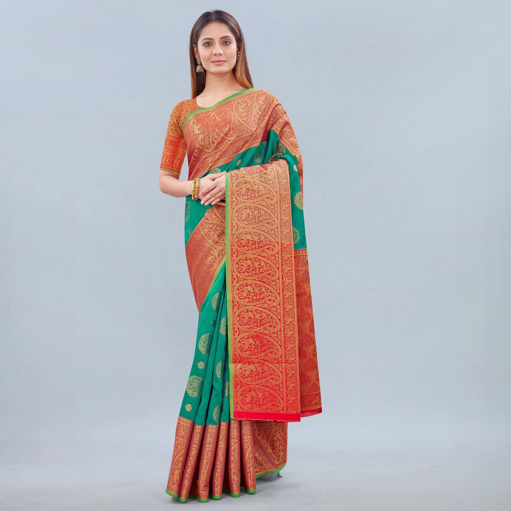 Turquoise Woven Banarasi Silk Saree - Peachmode