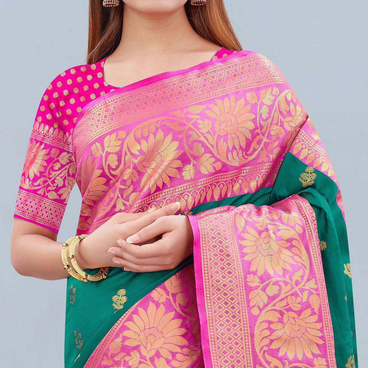 Turquoise Woven Banarasi Silk Saree - Peachmode