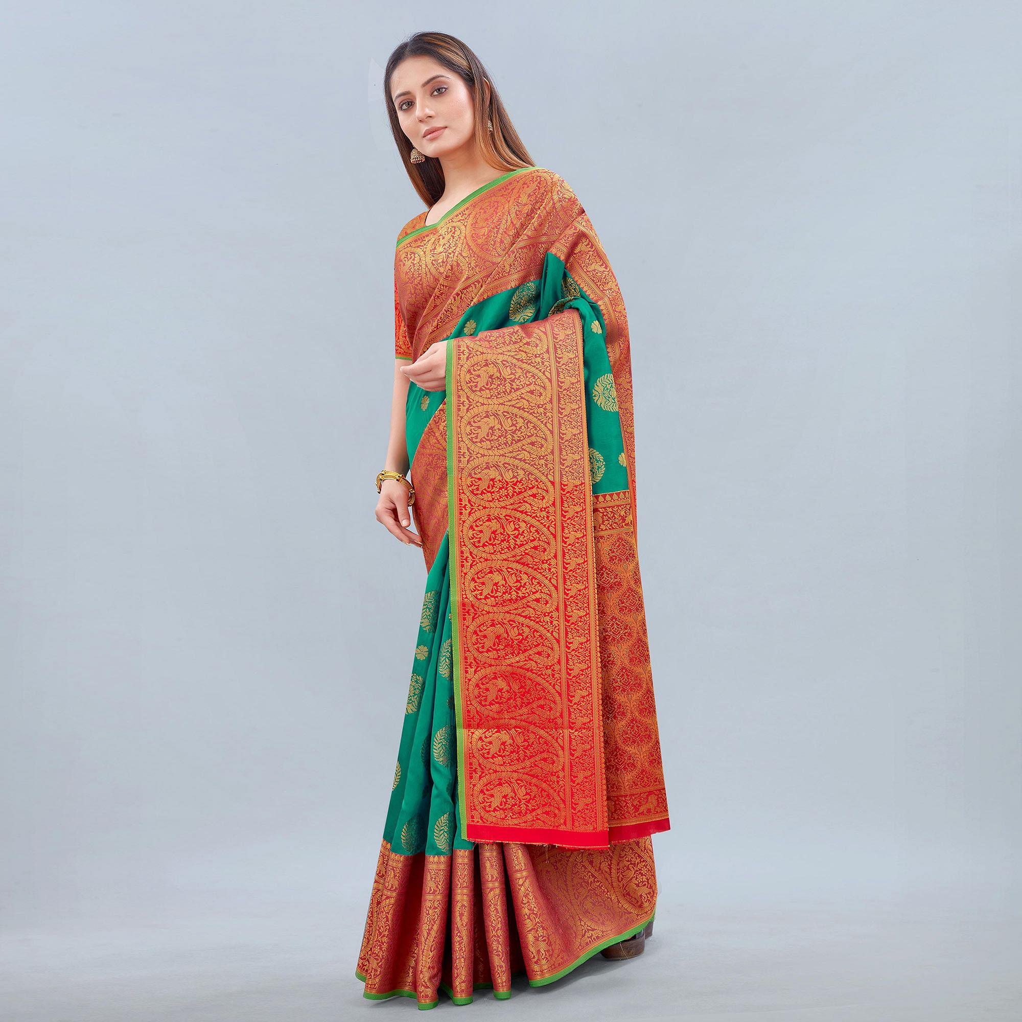 Turquoise Woven Banarasi Silk Saree - Peachmode