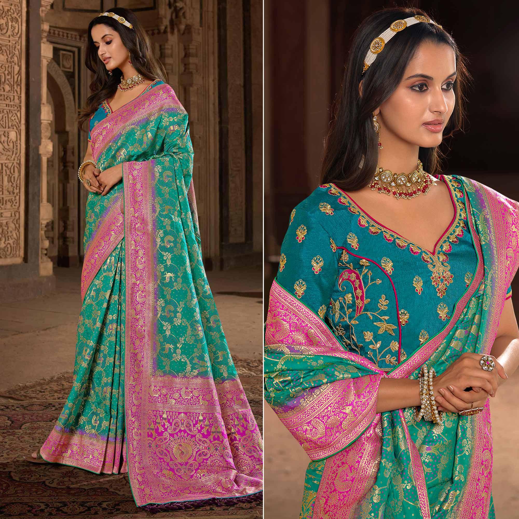 Turquoise Woven Banarasi Silk Saree With Tassels - Peachmode