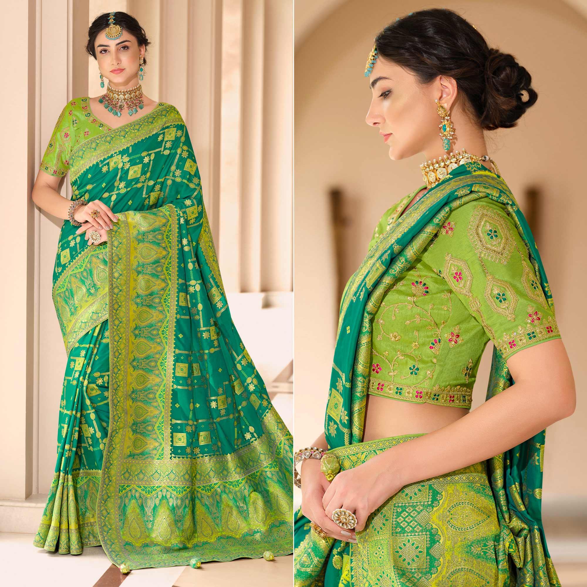 Turquoise Woven Banarasi Silk Saree With Tassels - Peachmode