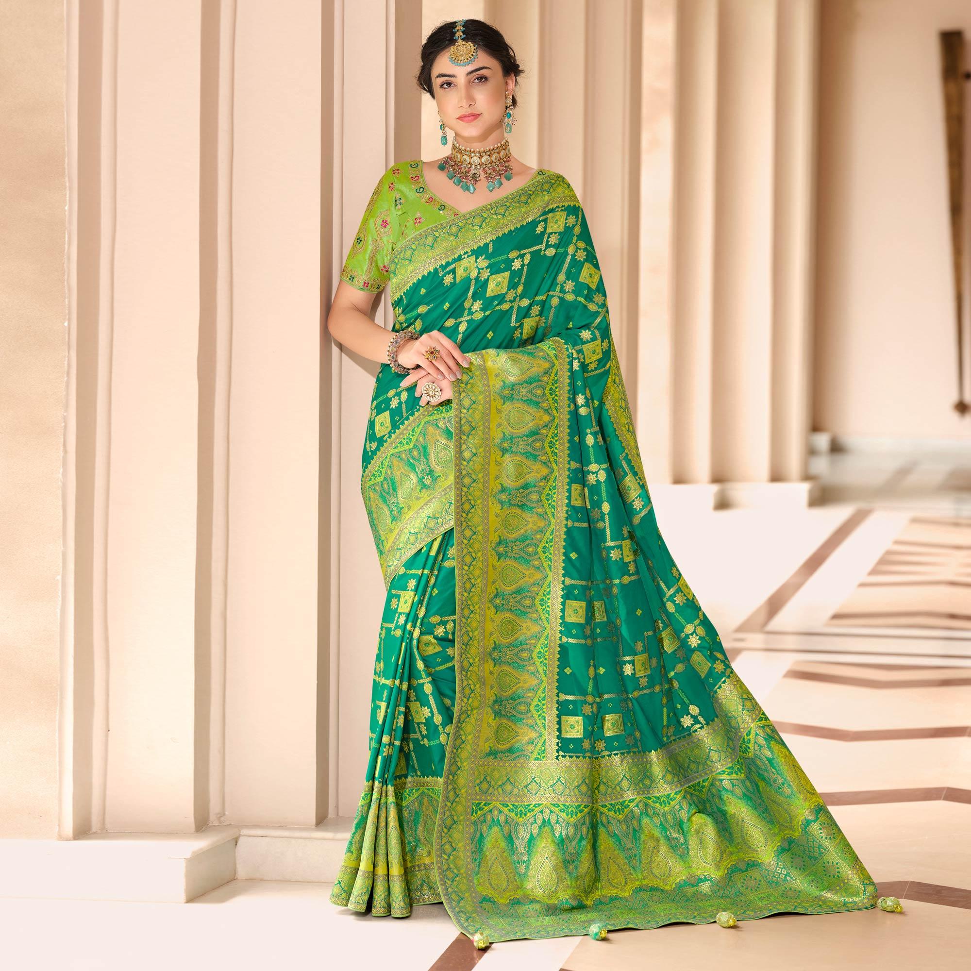 Turquoise Woven Banarasi Silk Saree With Tassels - Peachmode