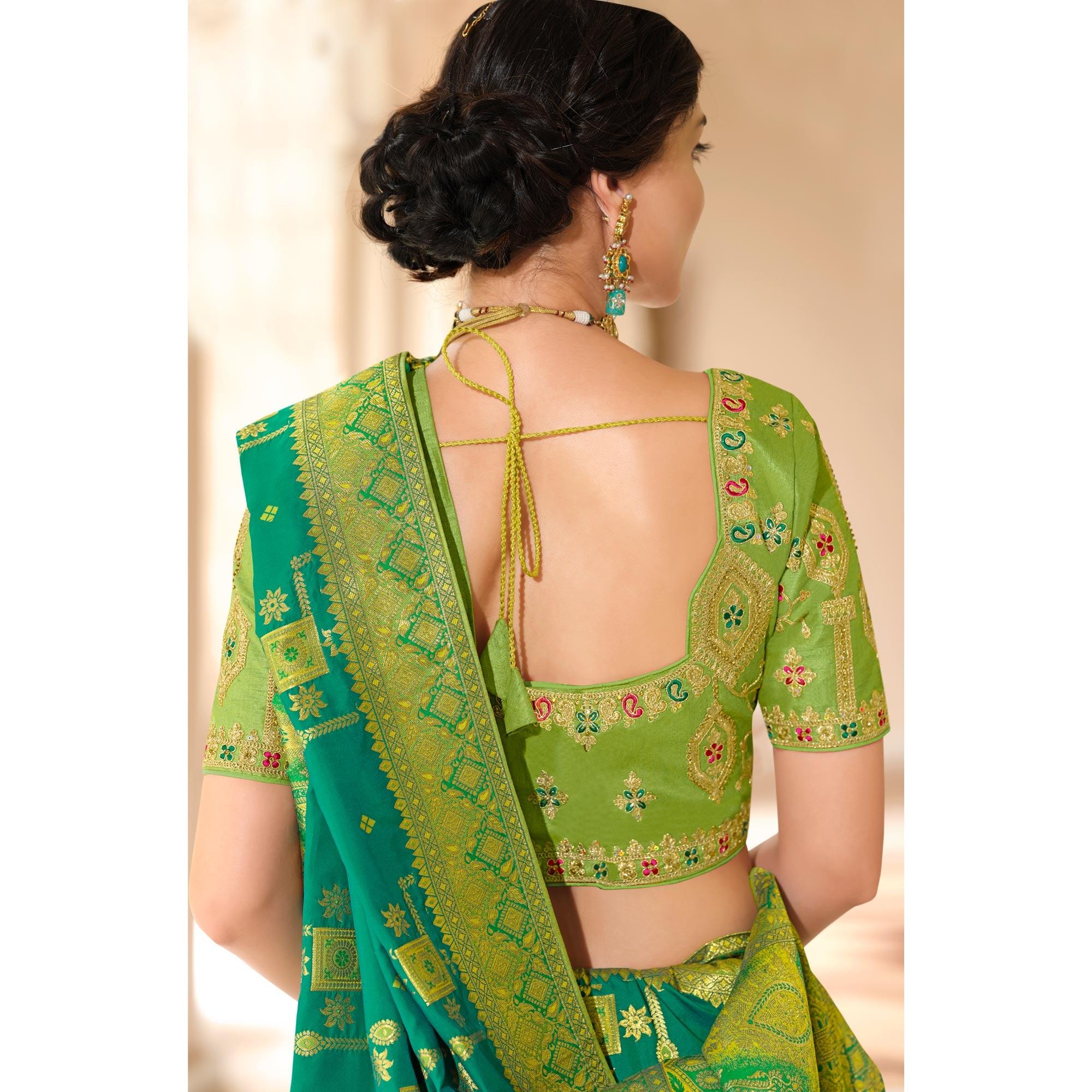 Turquoise Woven Banarasi Silk Saree With Tassels - Peachmode