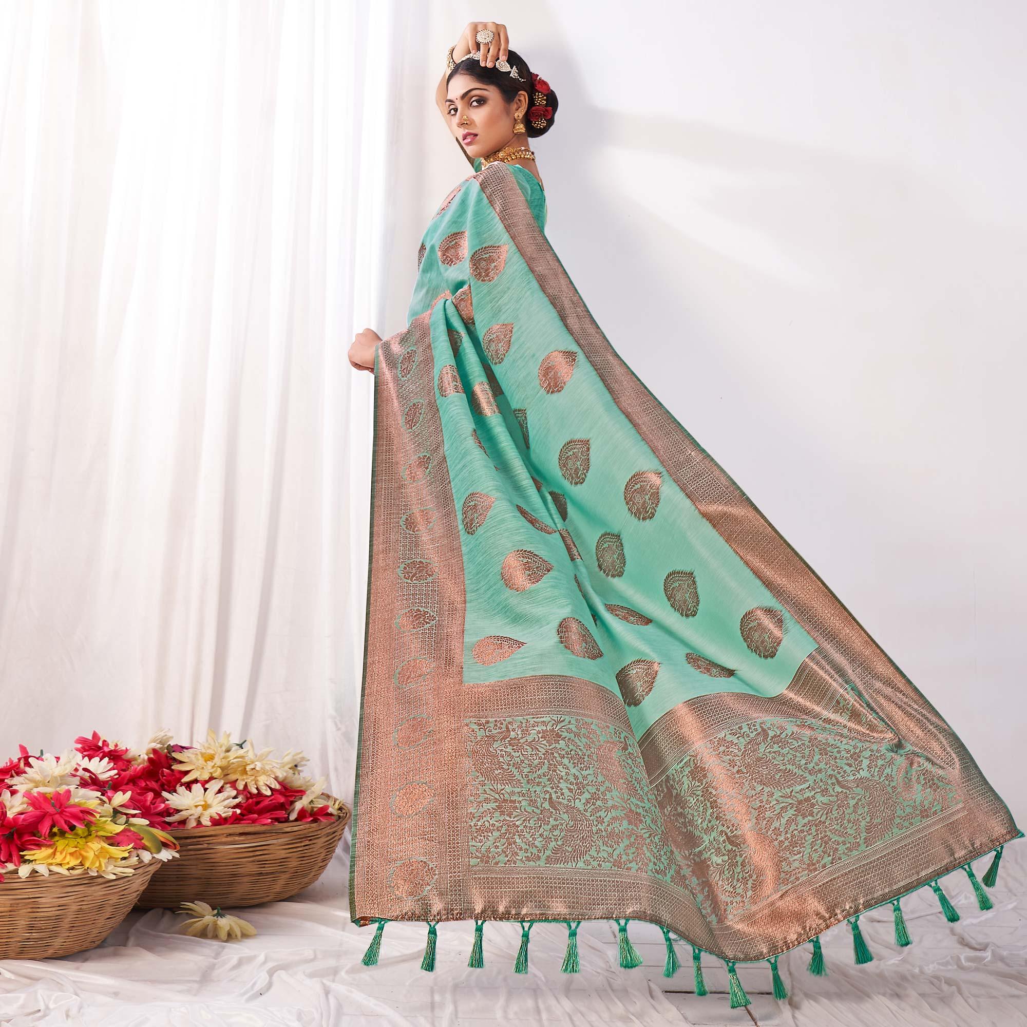 Turquoise Woven Banarasi Style Linen Saree - Peachmode