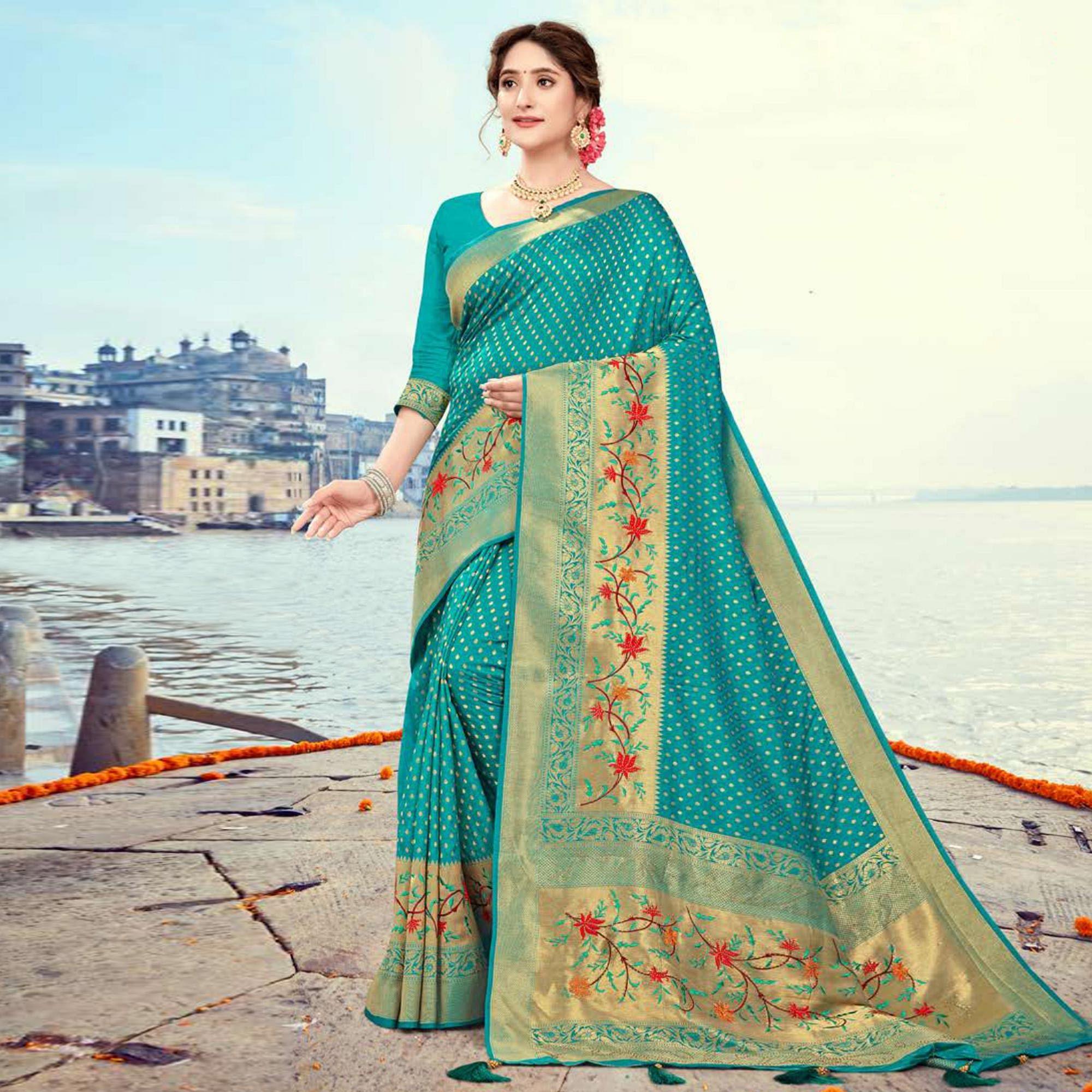 Turquoise Woven Cotton Silk Saree - Peachmode