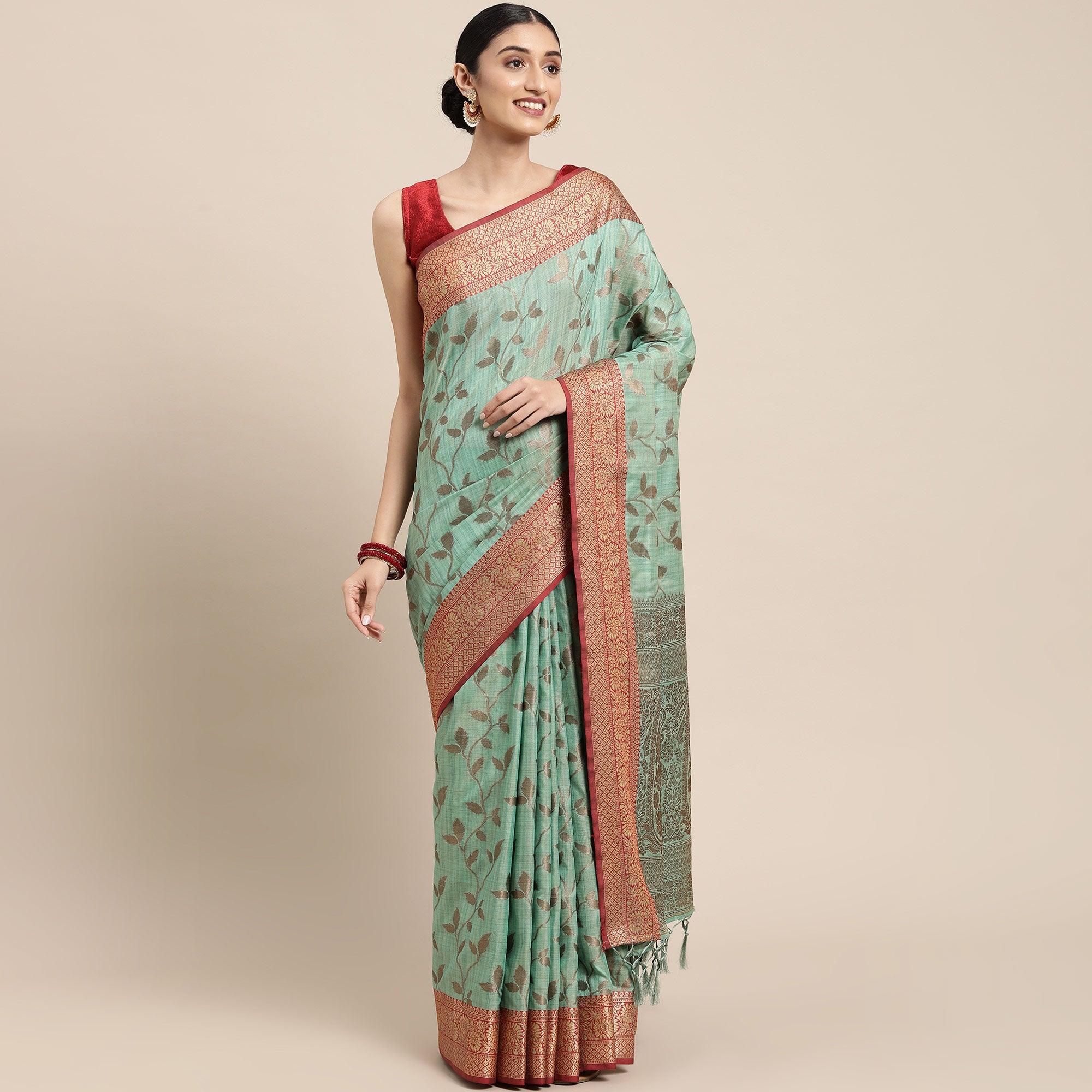 Turquoise Woven Cotton Silk Saree With Tassels - Peachmode