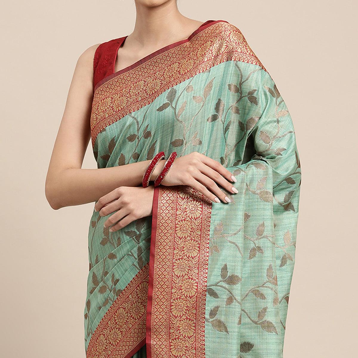 Turquoise Woven Cotton Silk Saree With Tassels - Peachmode