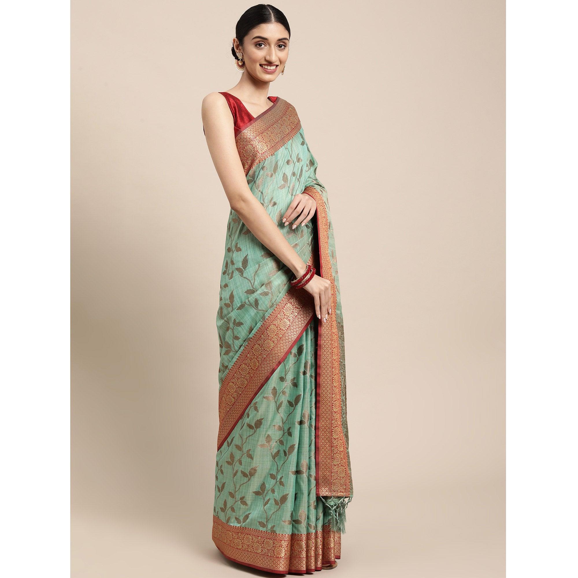 Turquoise Woven Cotton Silk Saree With Tassels - Peachmode