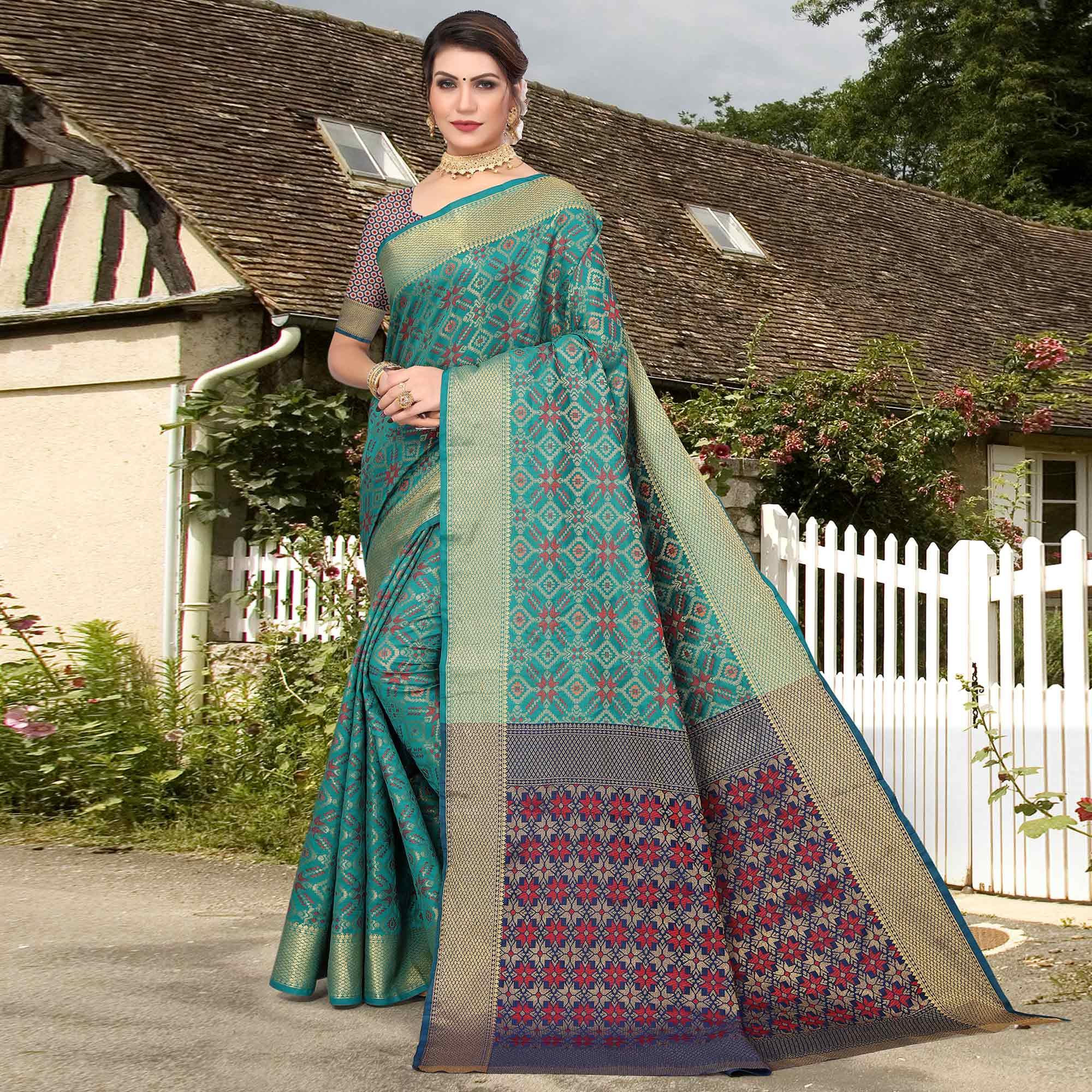 Turquoise Woven Jacquard Saree - Peachmode