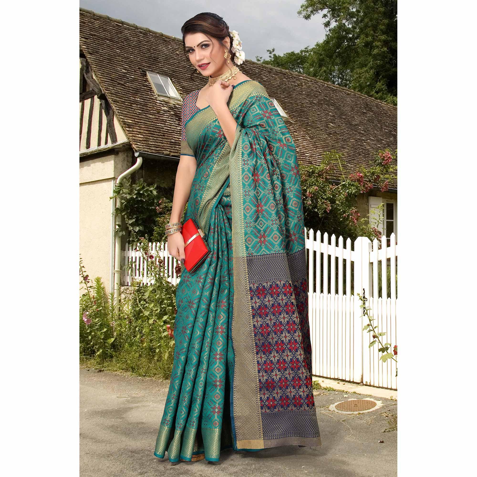 Turquoise Woven Jacquard Saree - Peachmode