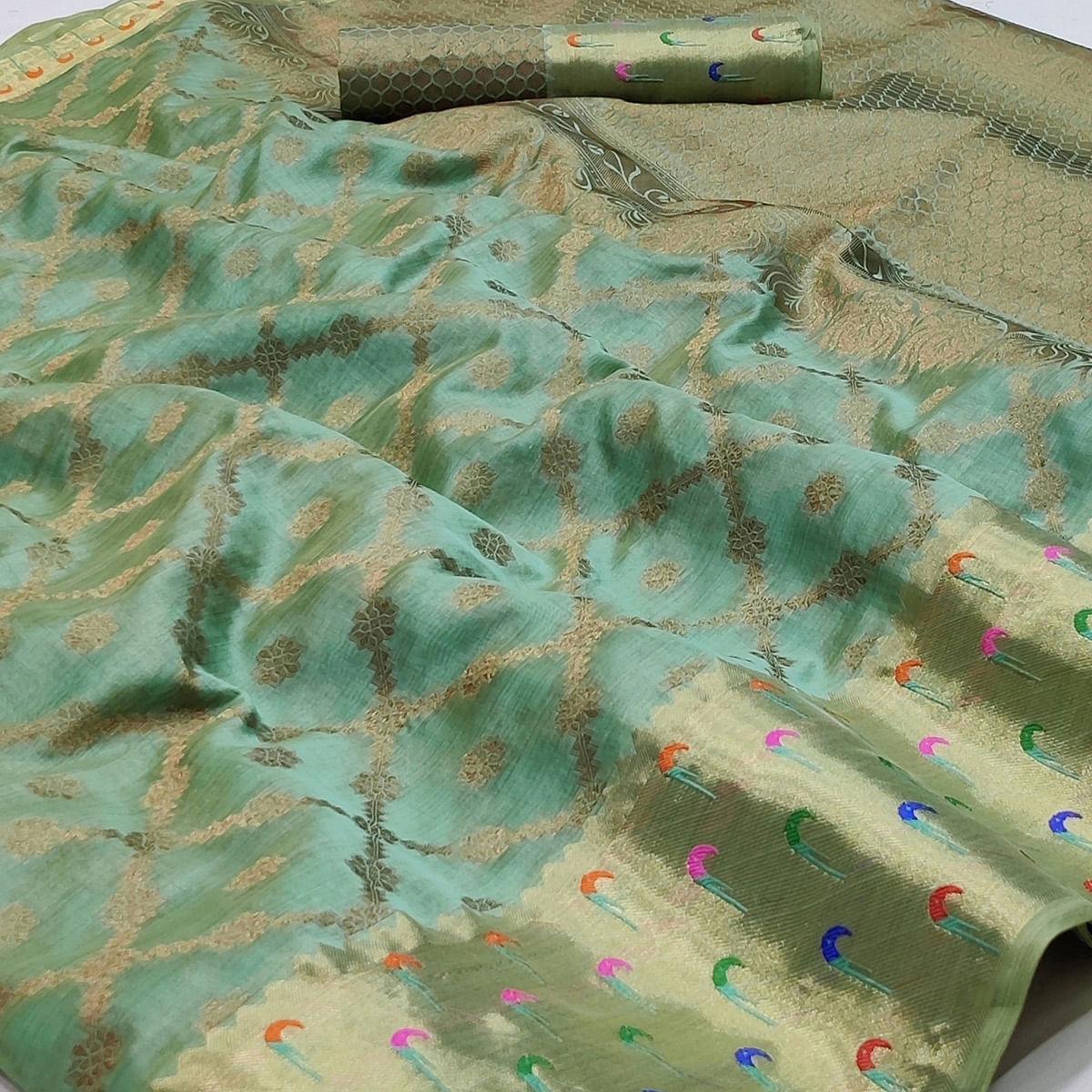 Turquoise Woven Organza Saree - Peachmode