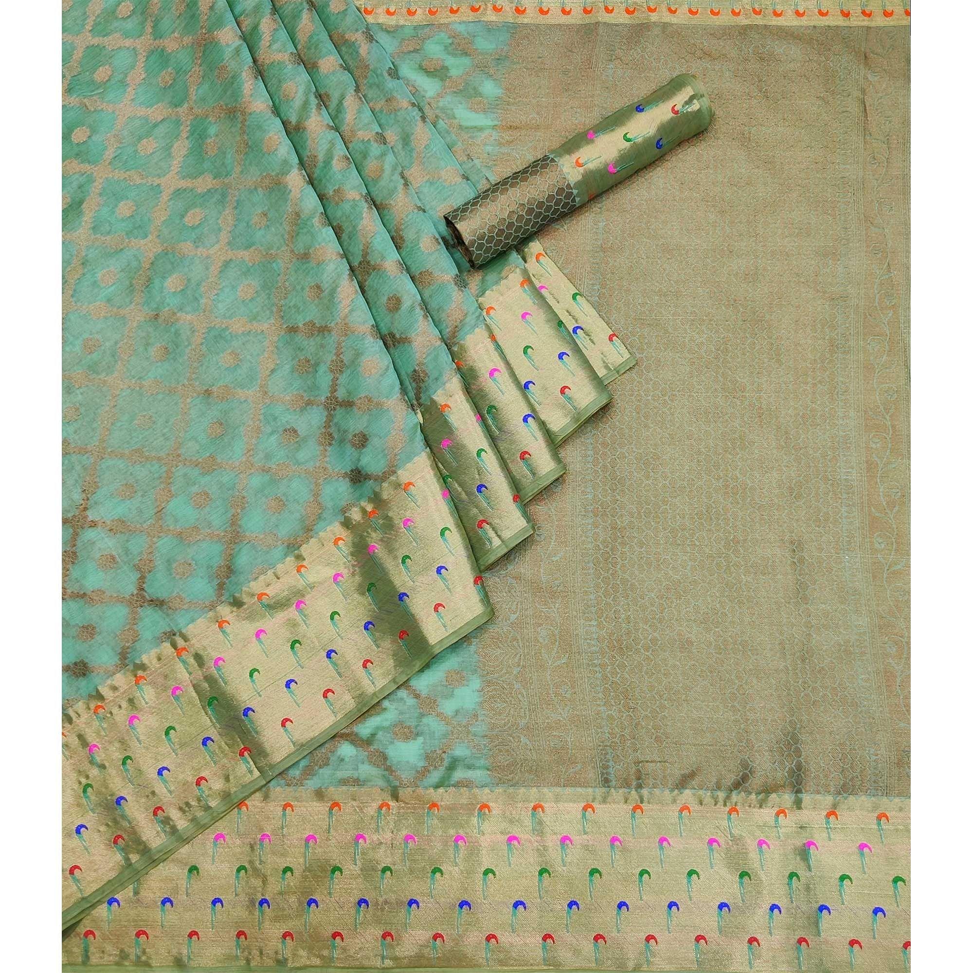 Turquoise Woven Organza Saree - Peachmode