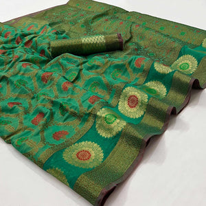 Turquoise Woven Poly Cotton Saree - Peachmode