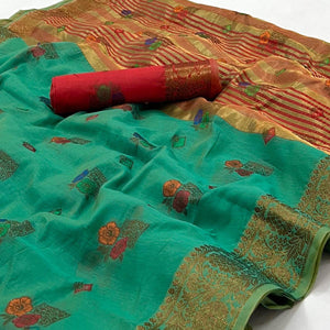 Turquoise Woven Poly Cotton Saree - Peachmode