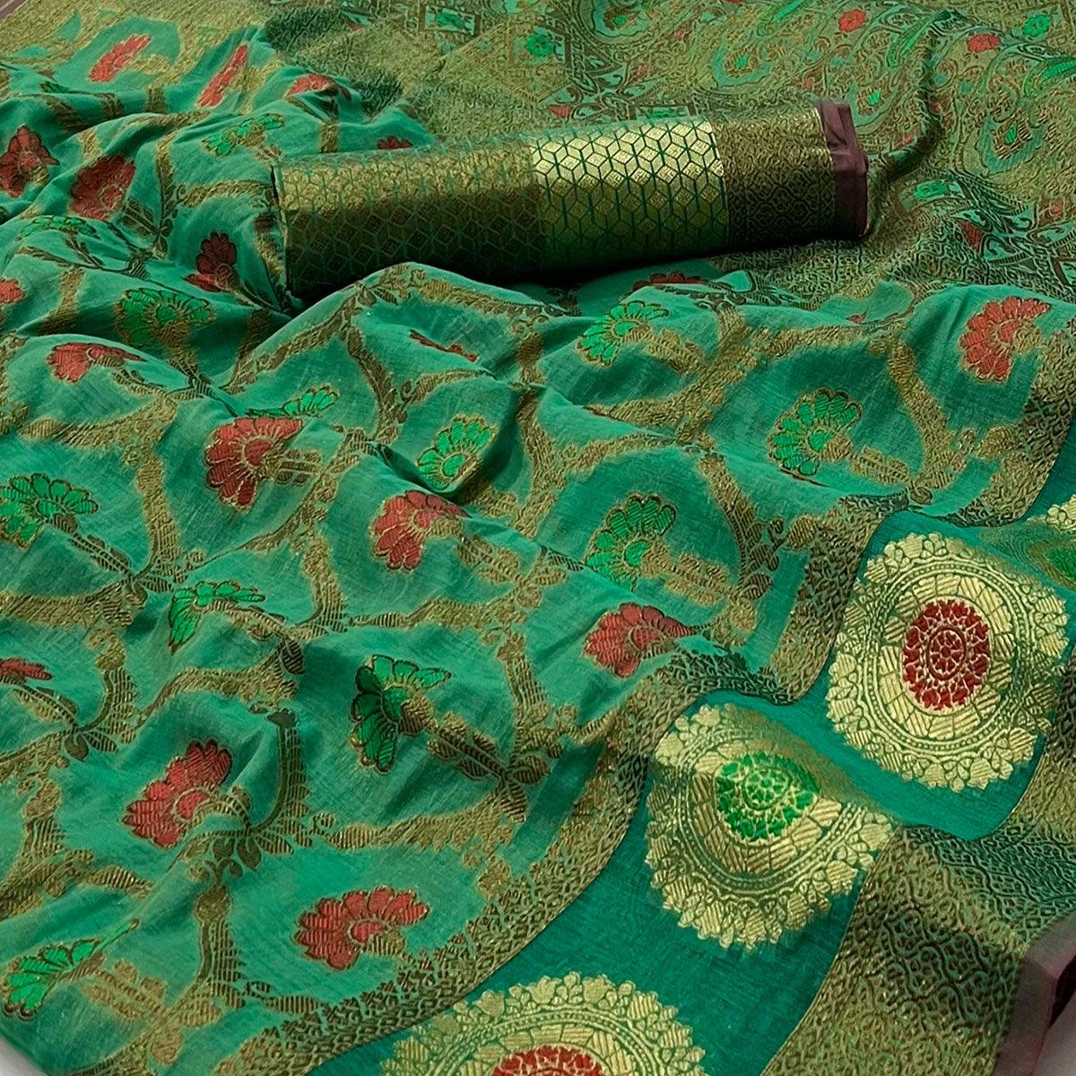 Turquoise Woven Poly Cotton Saree - Peachmode