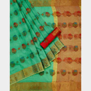Turquoise Woven Poly Cotton Saree - Peachmode