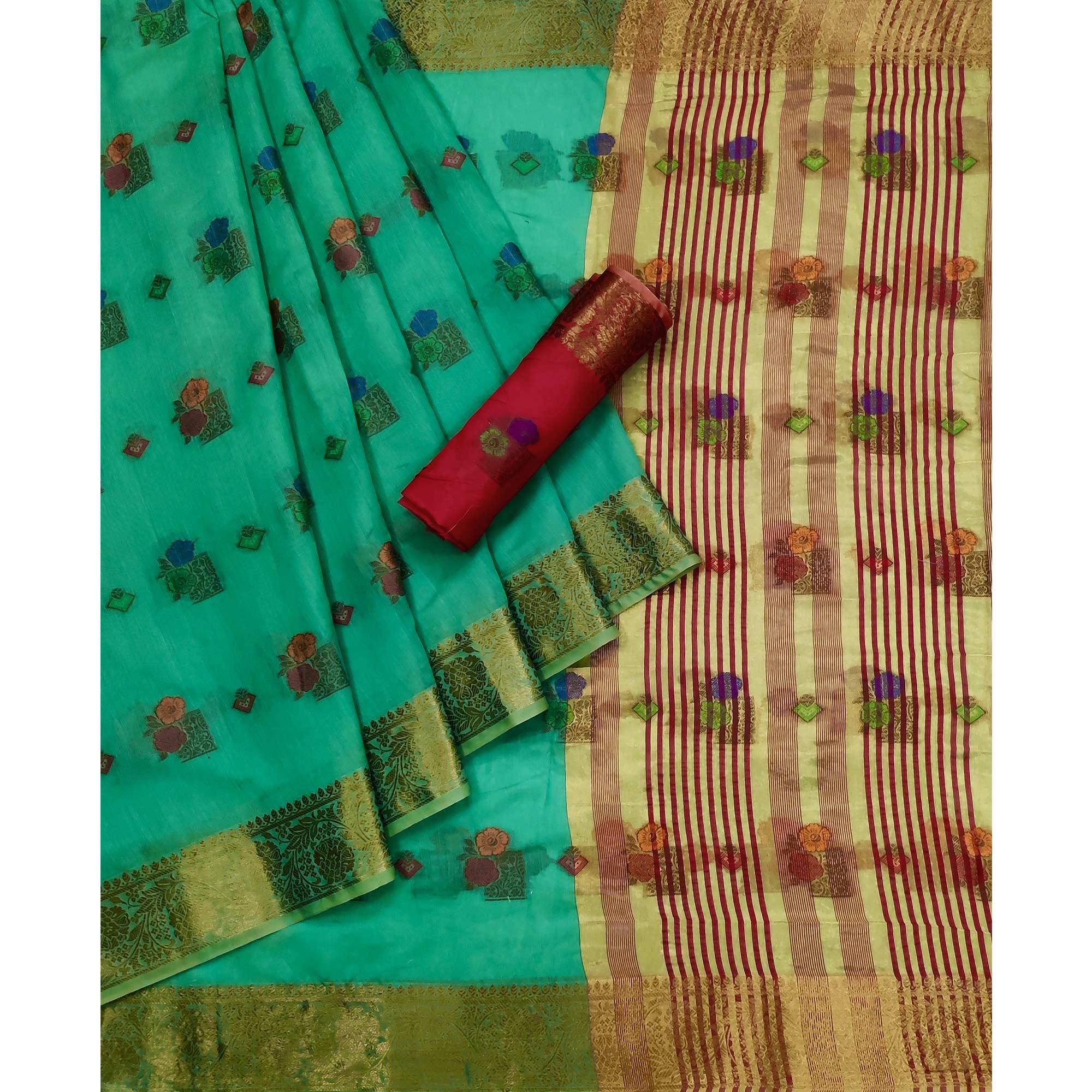 Turquoise Woven Poly Cotton Saree - Peachmode