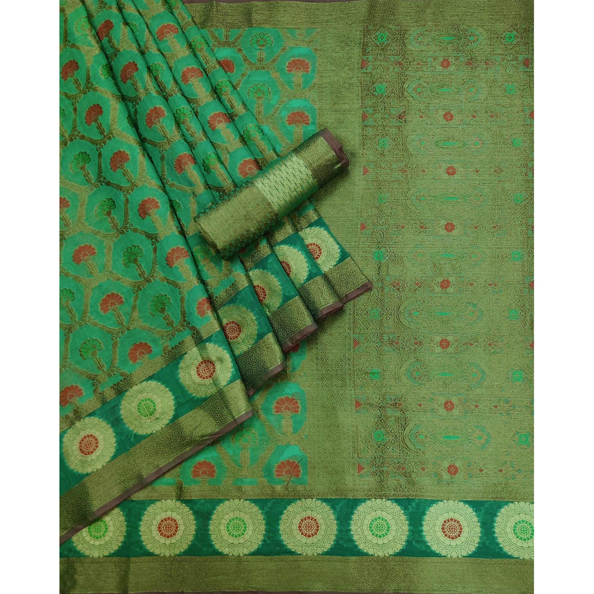 Turquoise Woven Poly Cotton Saree - Peachmode