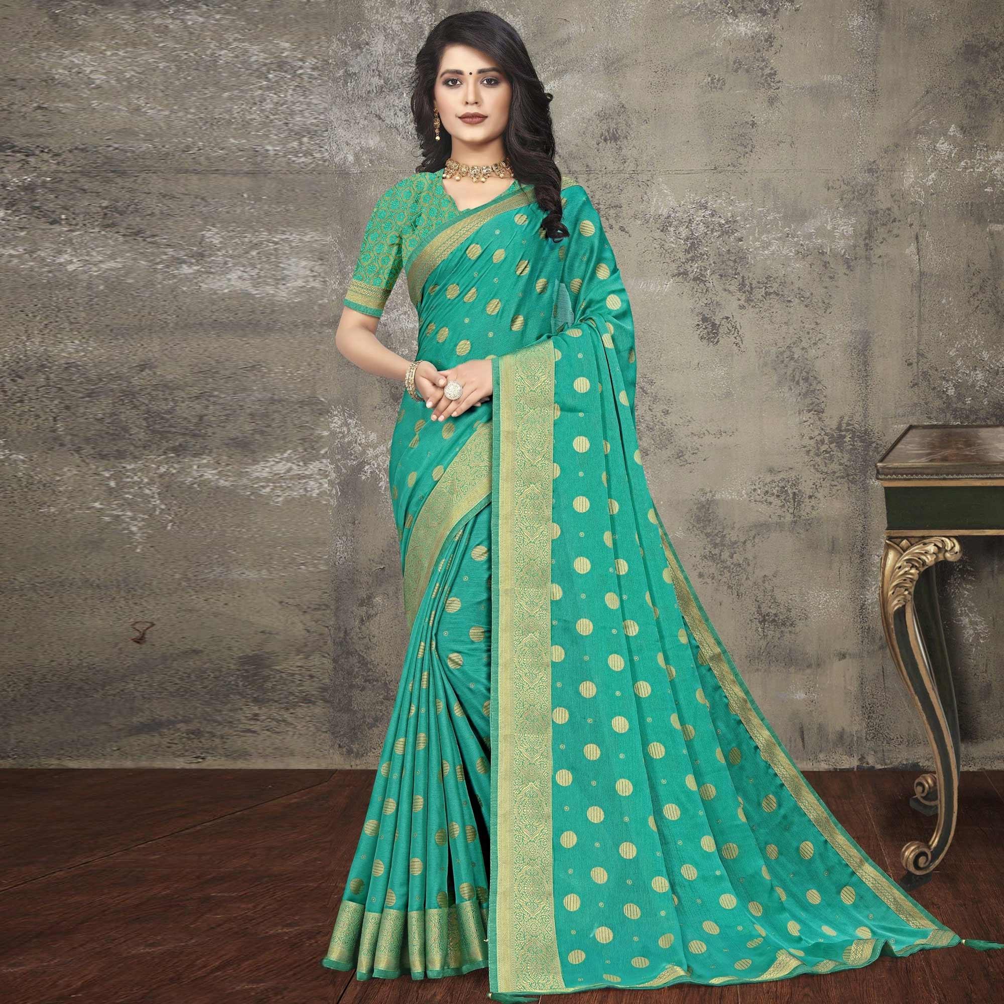 Turquoise Woven Vichitra Silk Saree - Peachmode