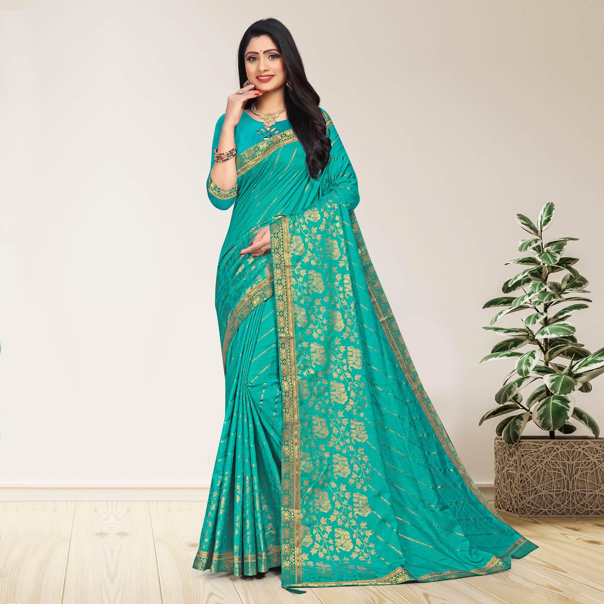 Turquoise Woven Vichitra Silk Saree - Peachmode