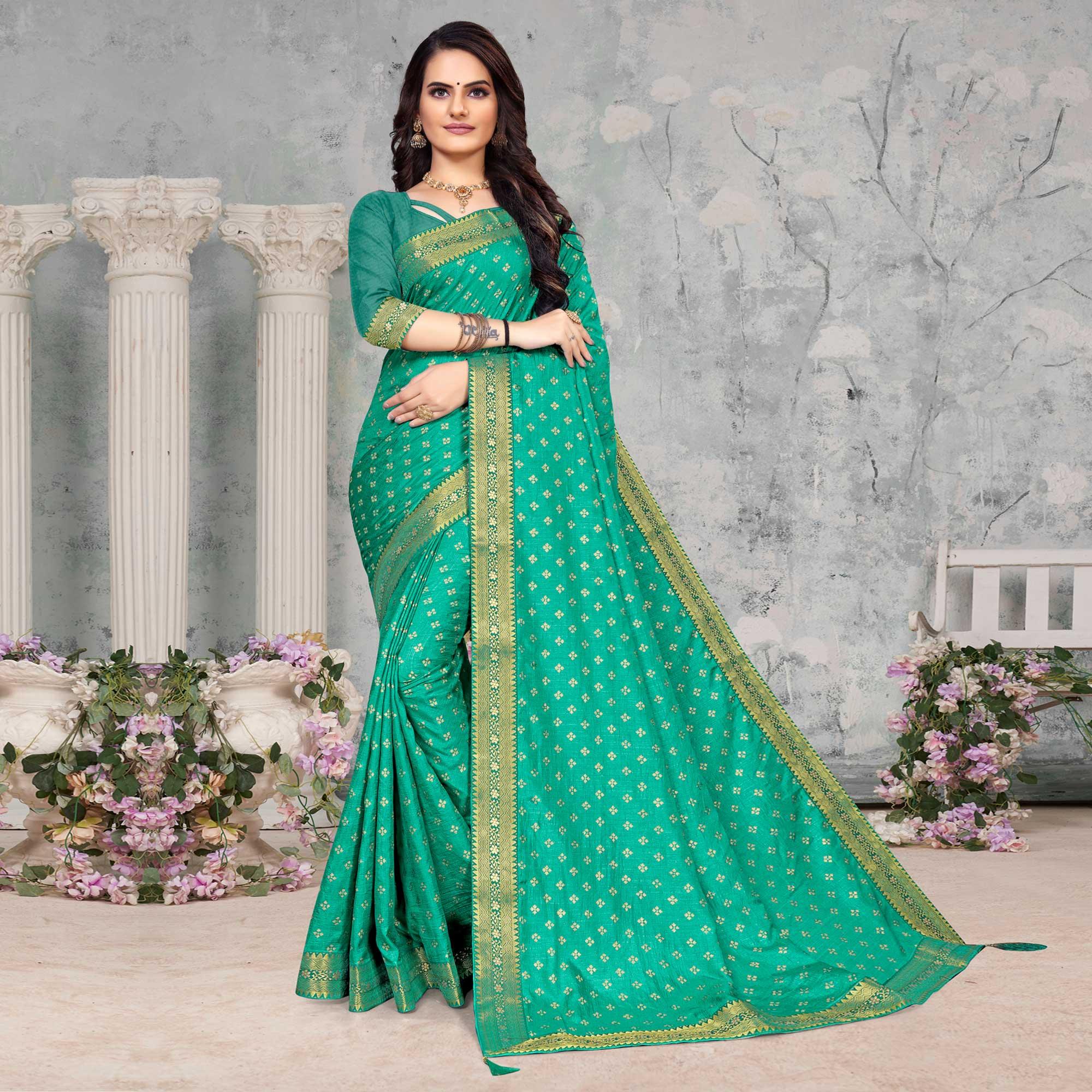 Turquoise Woven Vichitra Silk Saree - Peachmode