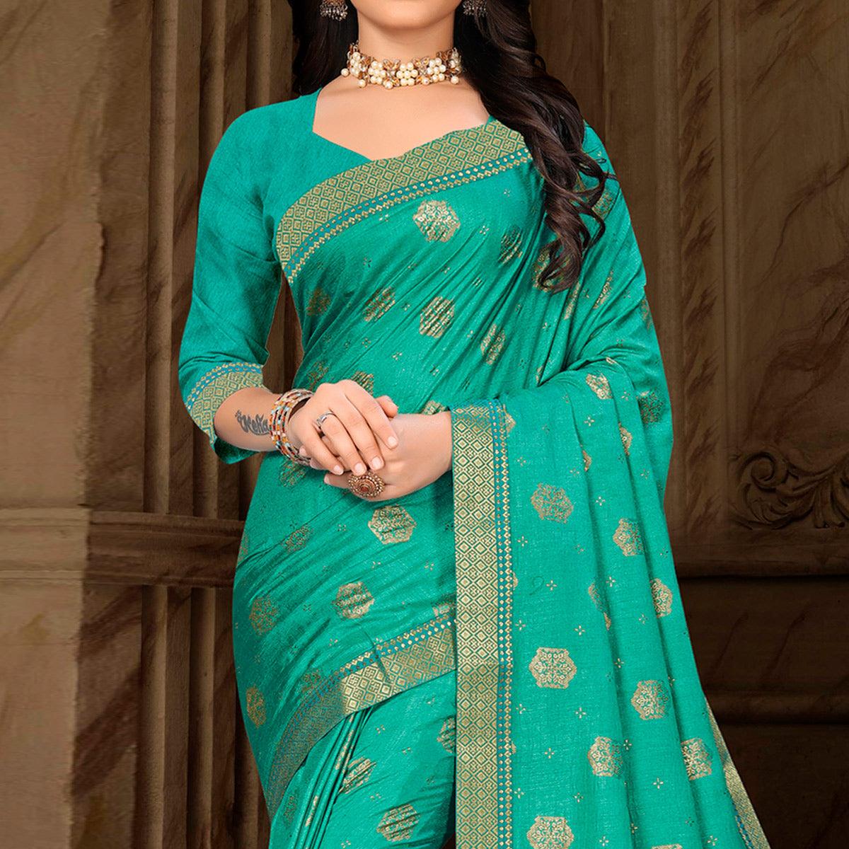 Turquoise Woven Vichitra Silk Saree - Peachmode