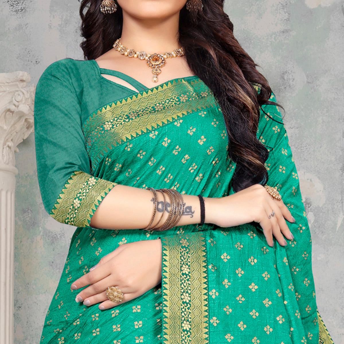 Turquoise Woven Vichitra Silk Saree - Peachmode