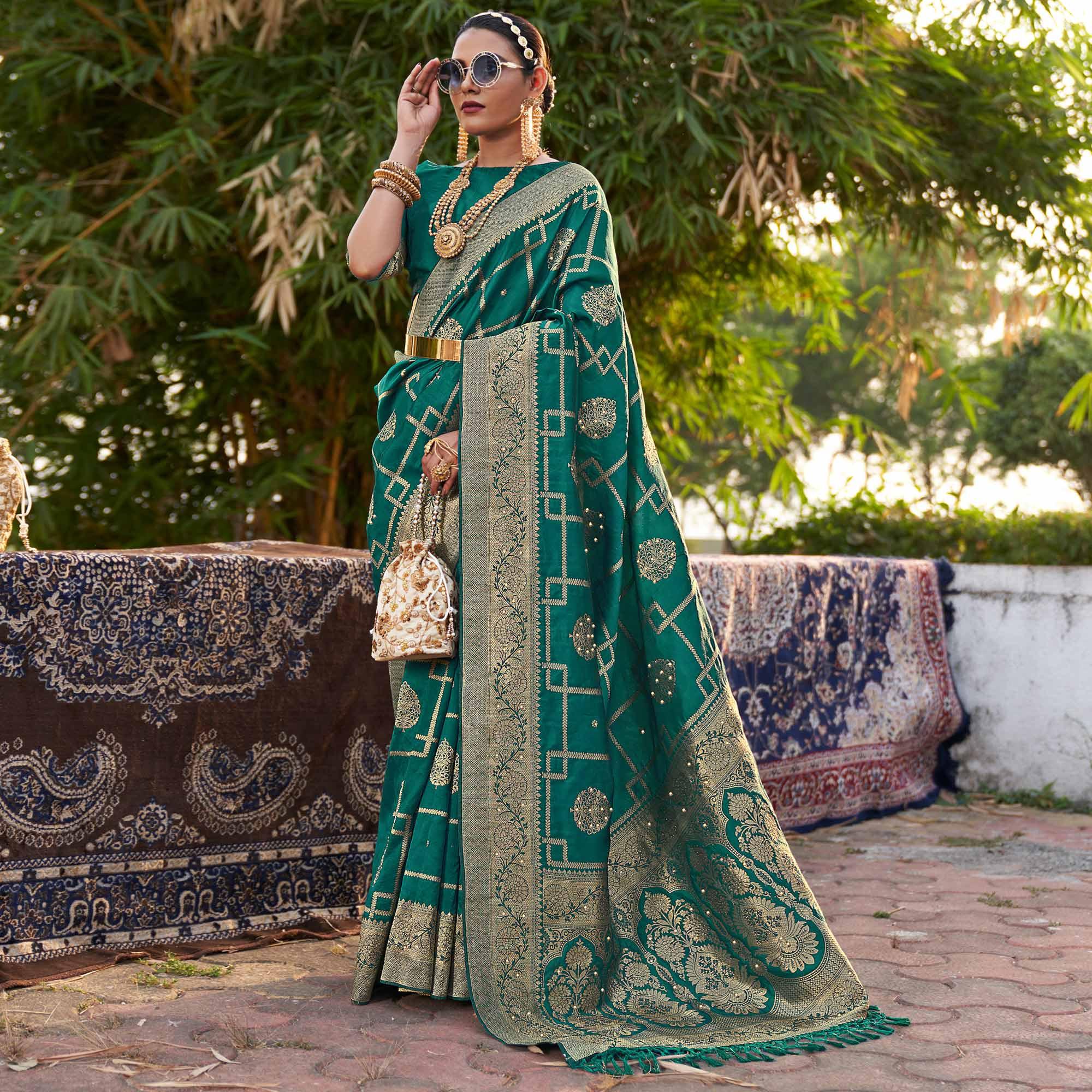 Turquoise Woven With Embellished Art Silk Saree With Tassels - Peachmode