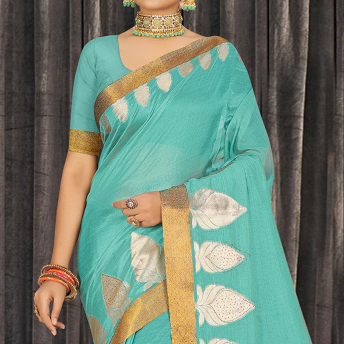 Turquoise Woven With Embellished Poly Cotton Saree - Peachmode