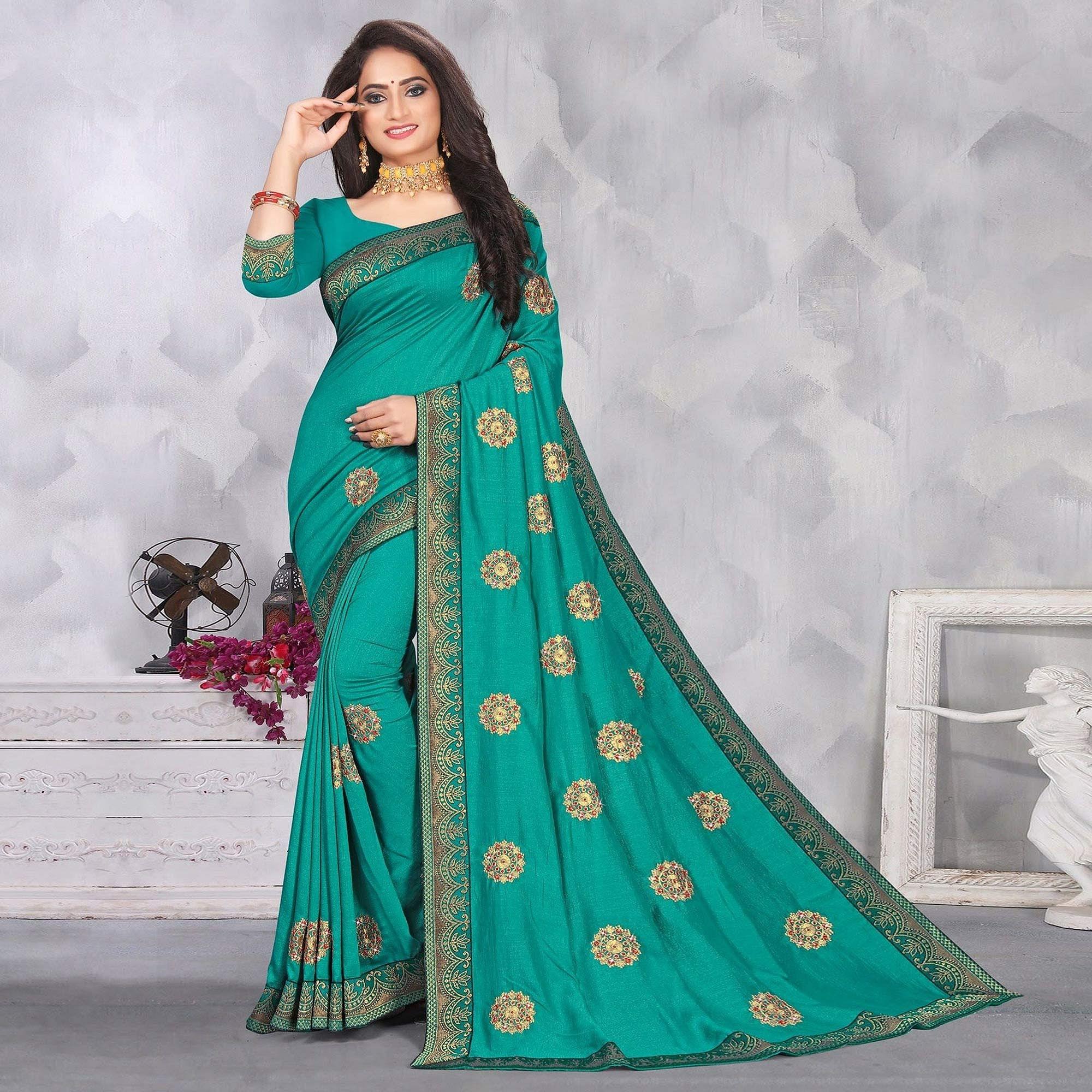 Turquoise Woven With Embellished Vichitra Silk Saree - Peachmode