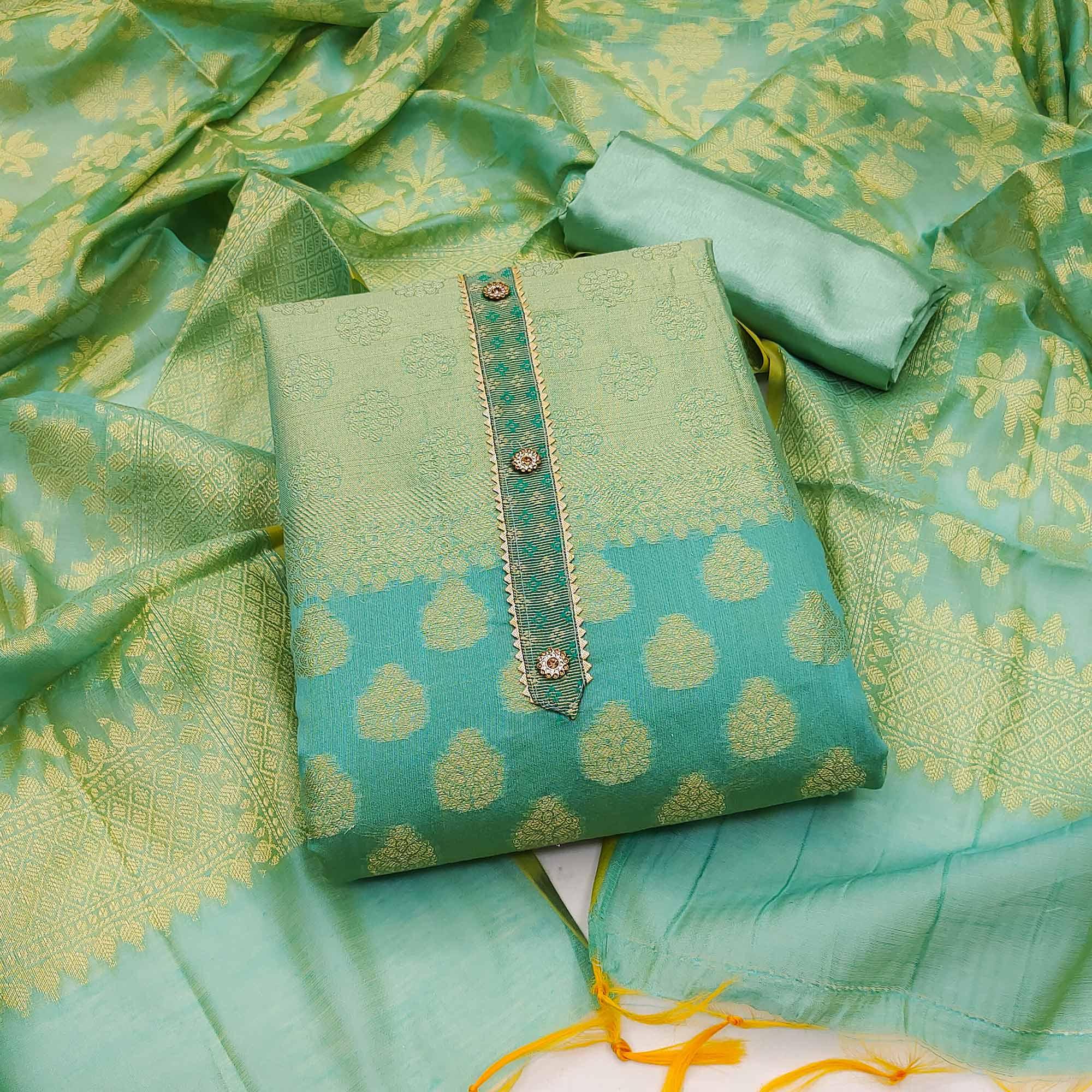 Turquoise Woven With Gota Patti Work Banarasi Silk Dress Material - Peachmode