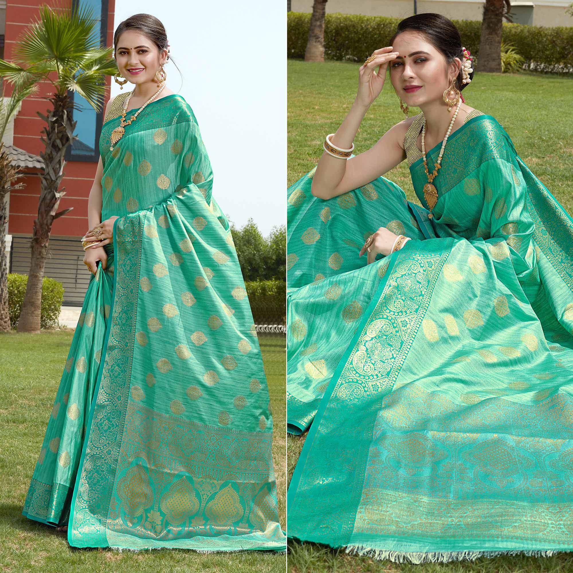 Turquoise Zari Woven Art Silk Saree - Peachmode