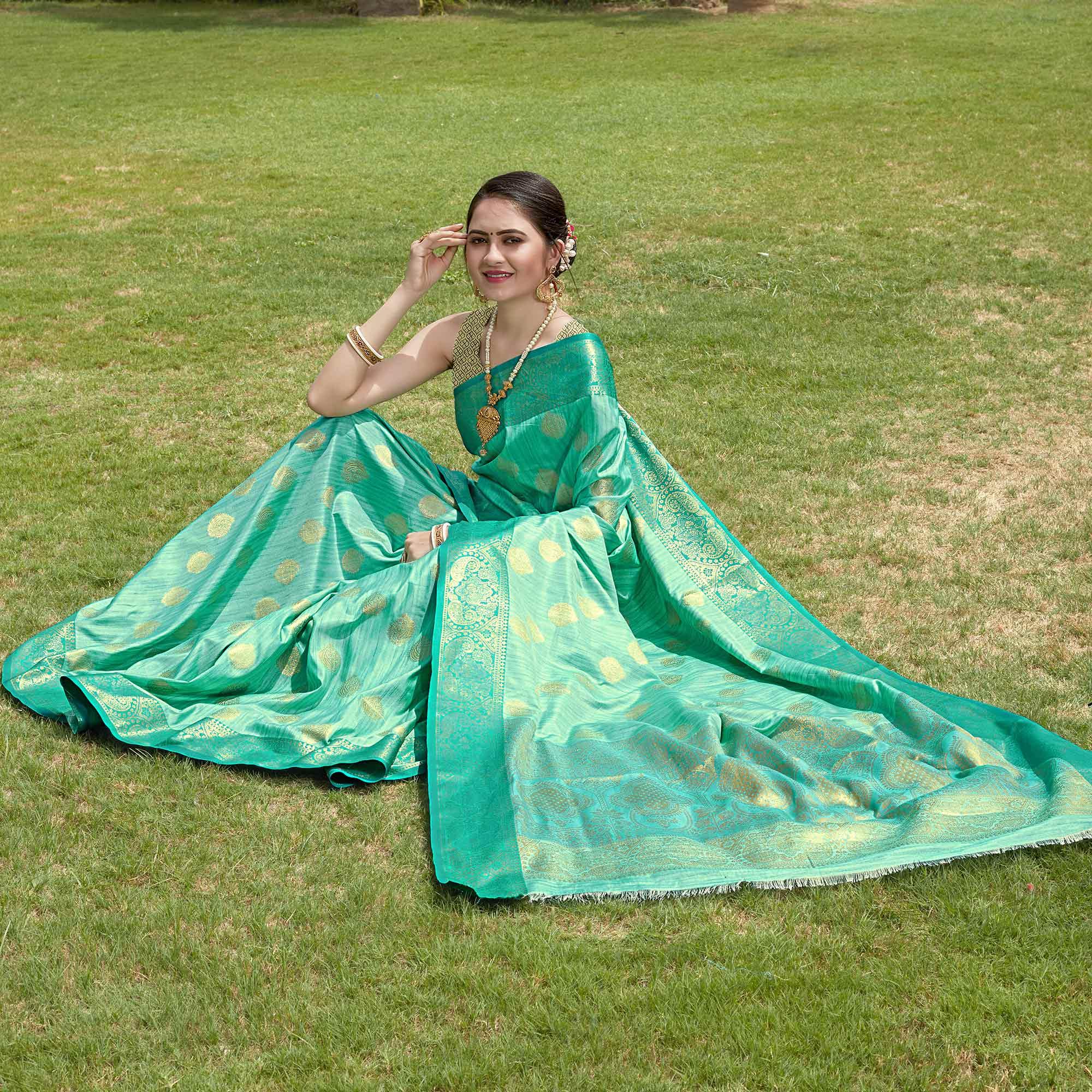 Turquoise Zari Woven Art Silk Saree - Peachmode