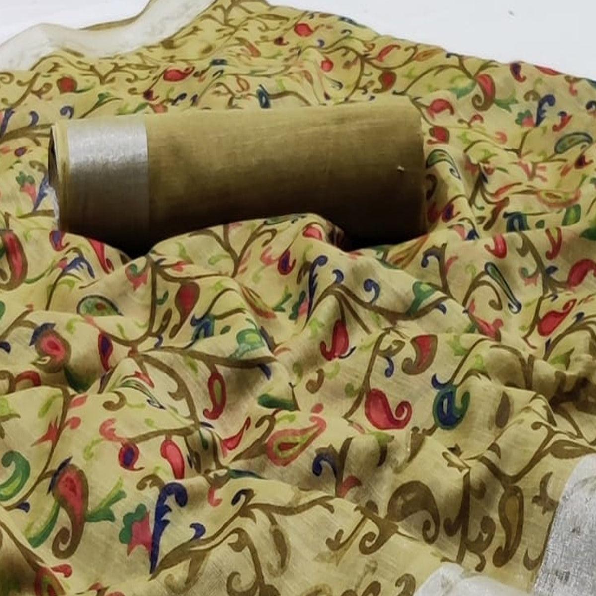 Unique Beige Colored Casual Wear Printed Fancy Linen Saree - Peachmode