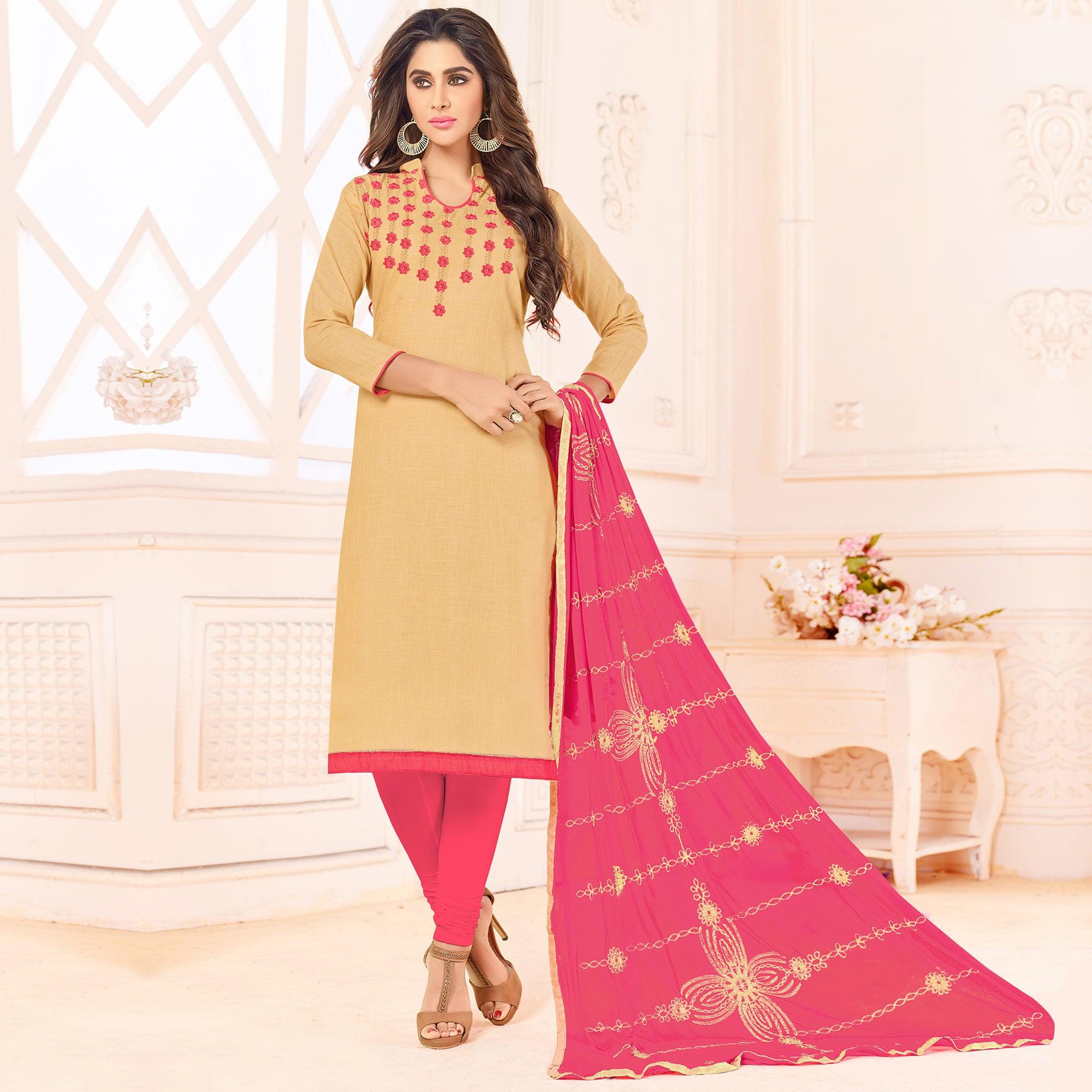 Unique Beige Colored Embroidered Cotton Dress Material - Peachmode